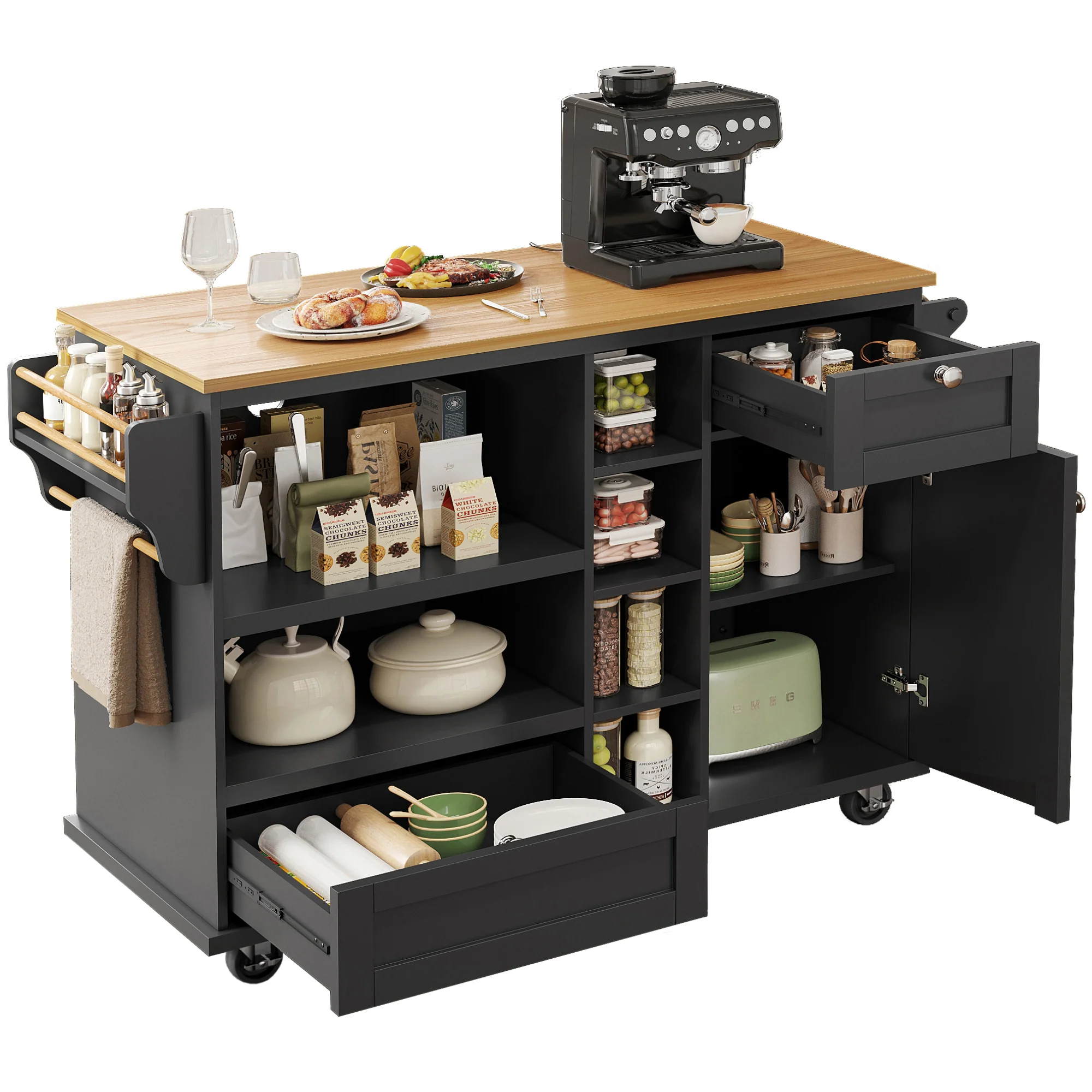 Dining Trolley Mobile Storage Drawers - Black/Light Brown Wood Top - Image 3