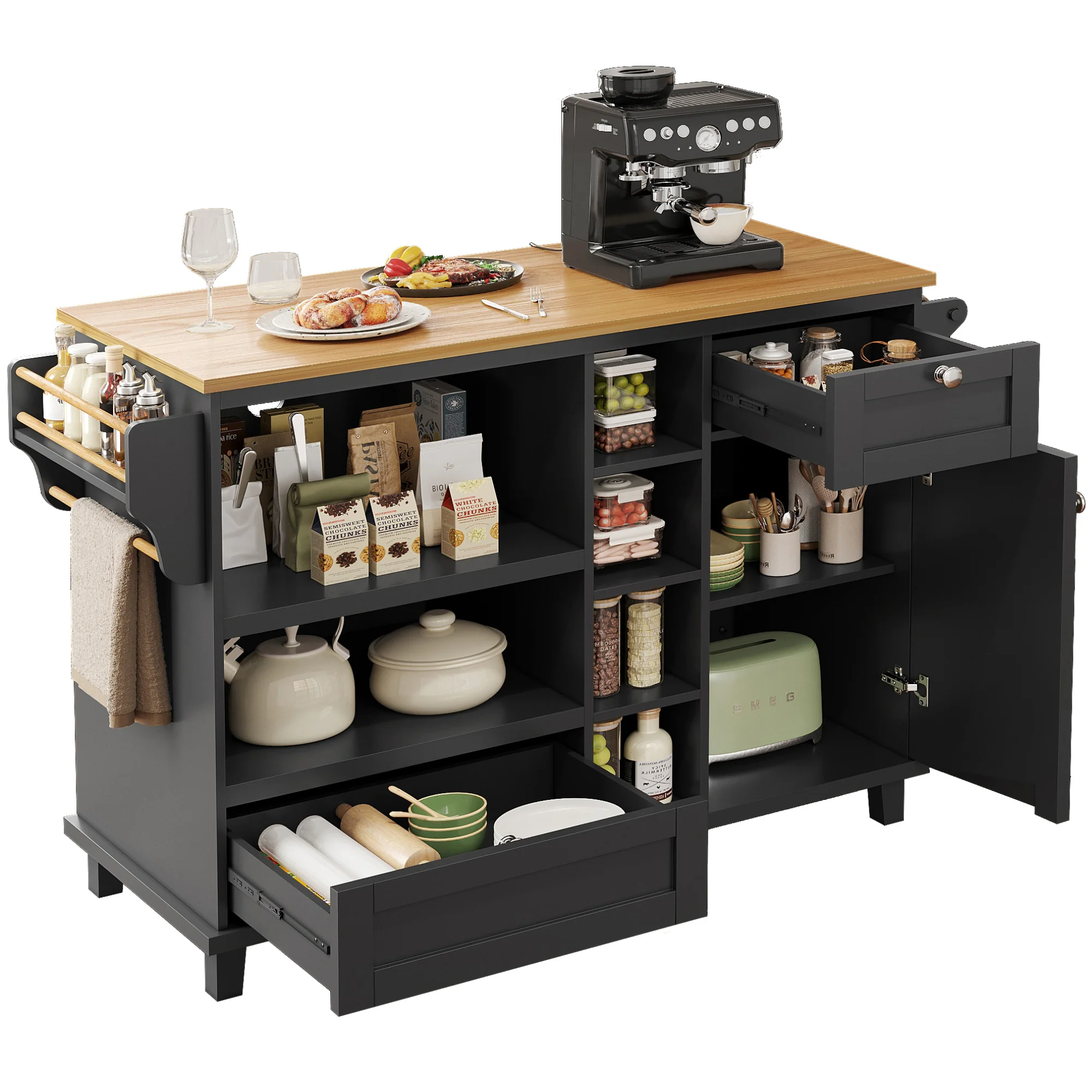 Dining Trolley Mobile Storage Drawers - Black/Light Brown Wood Top - Image 4