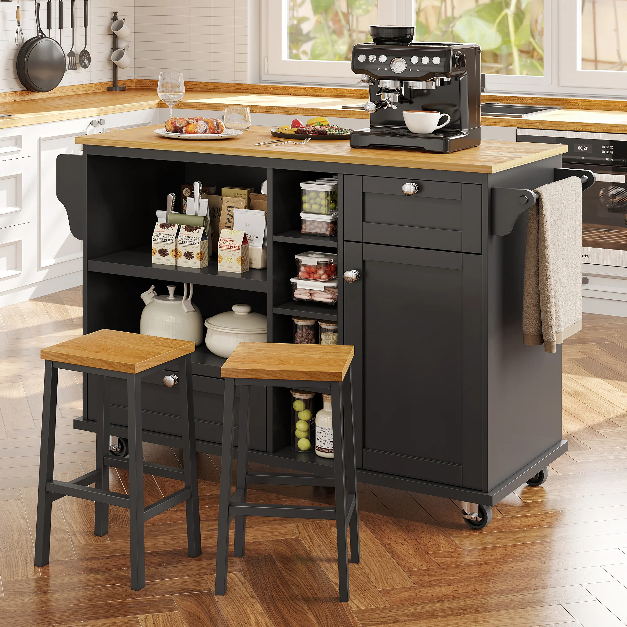 Dining Trolley Mobile Storage Drawers - Black/Light Brown Wood Top - Image 5