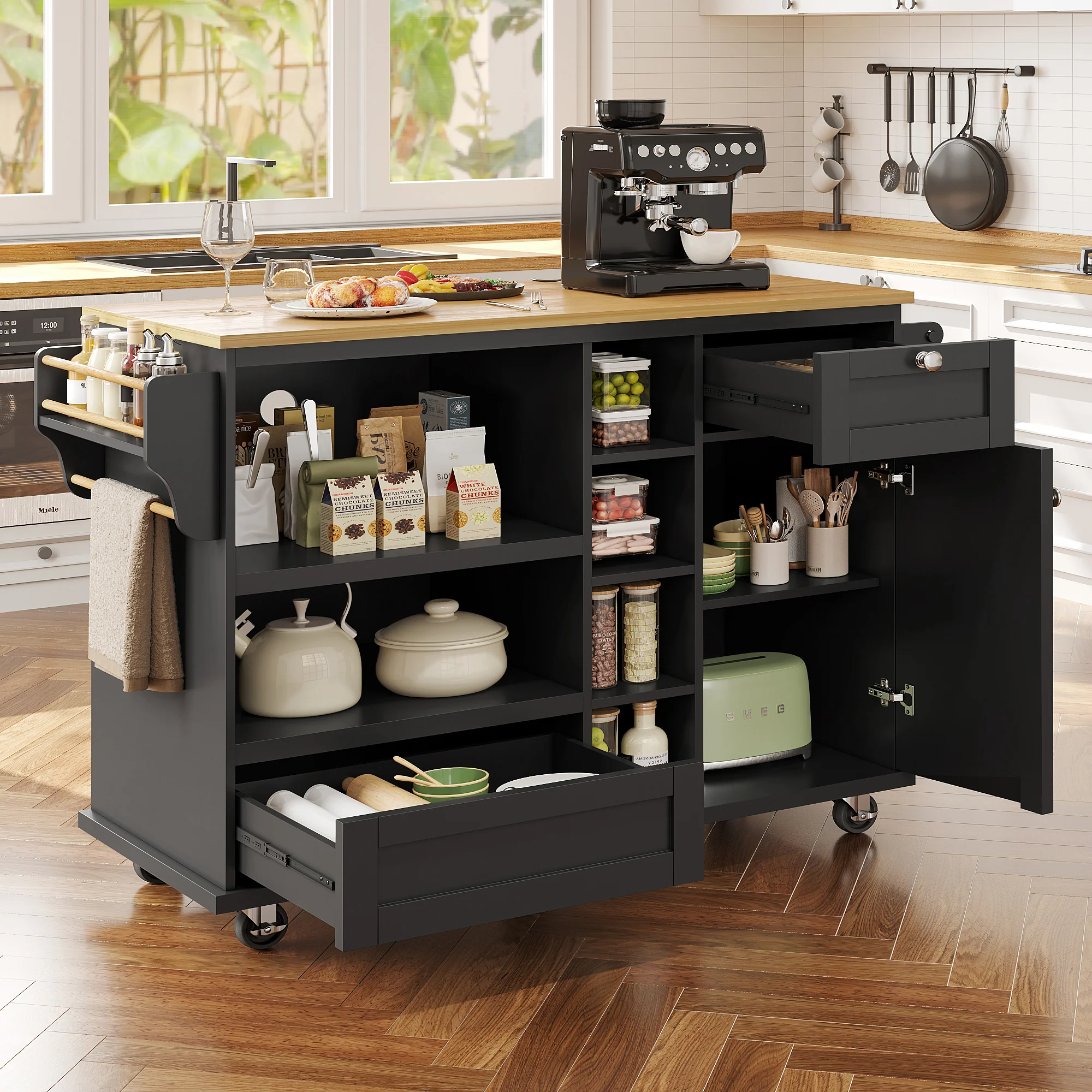 Dining Trolley Mobile Storage Drawers - Black/Light Brown Wood Top - Image 6