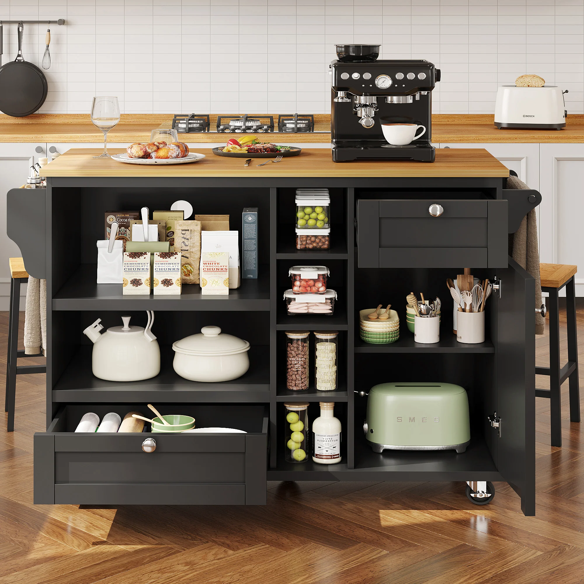 Dining Trolley Mobile Storage Drawers - Black/Light Brown Wood Top - Image 7