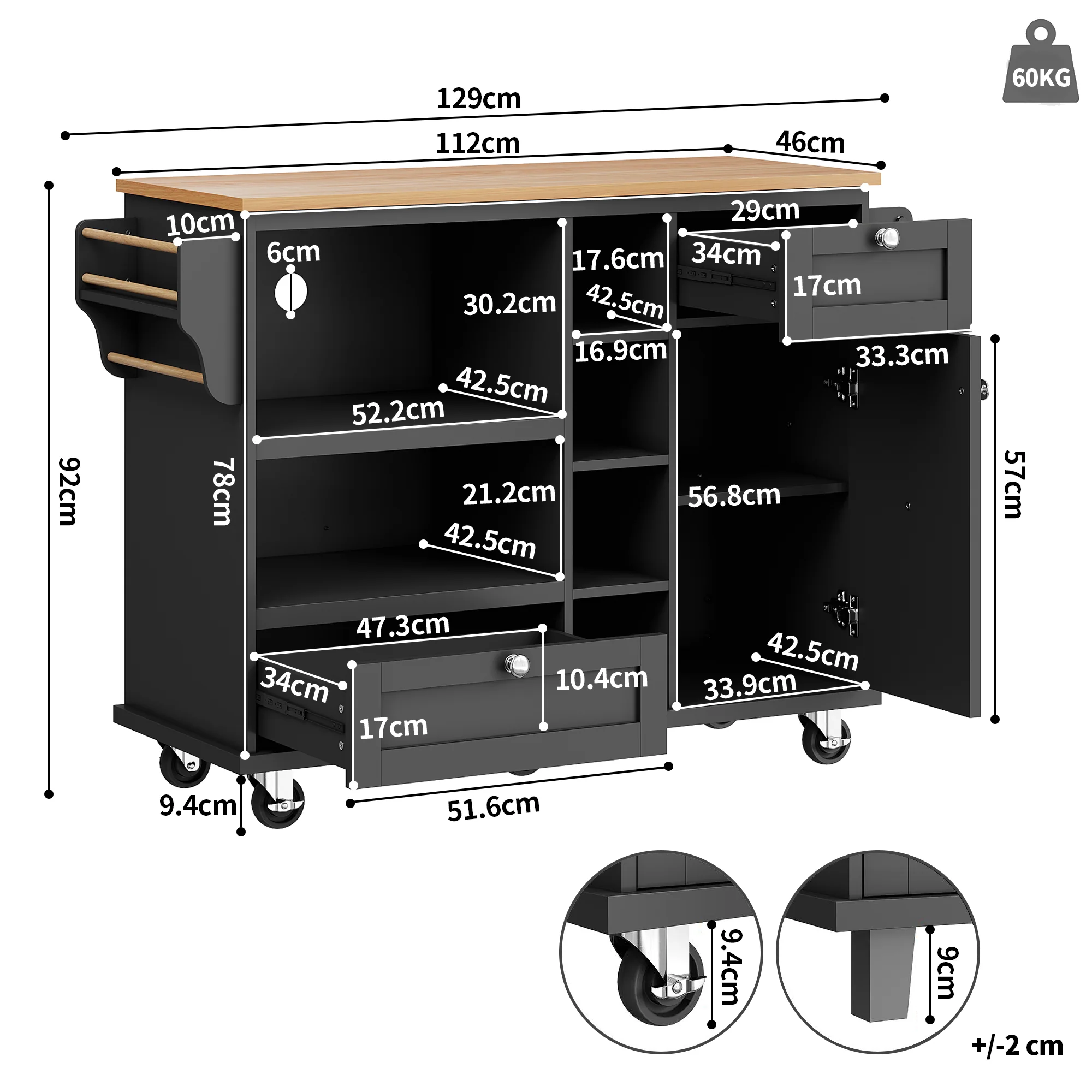 Dining Trolley Mobile Storage Drawers - Black/Light Brown Wood Top - Image 8