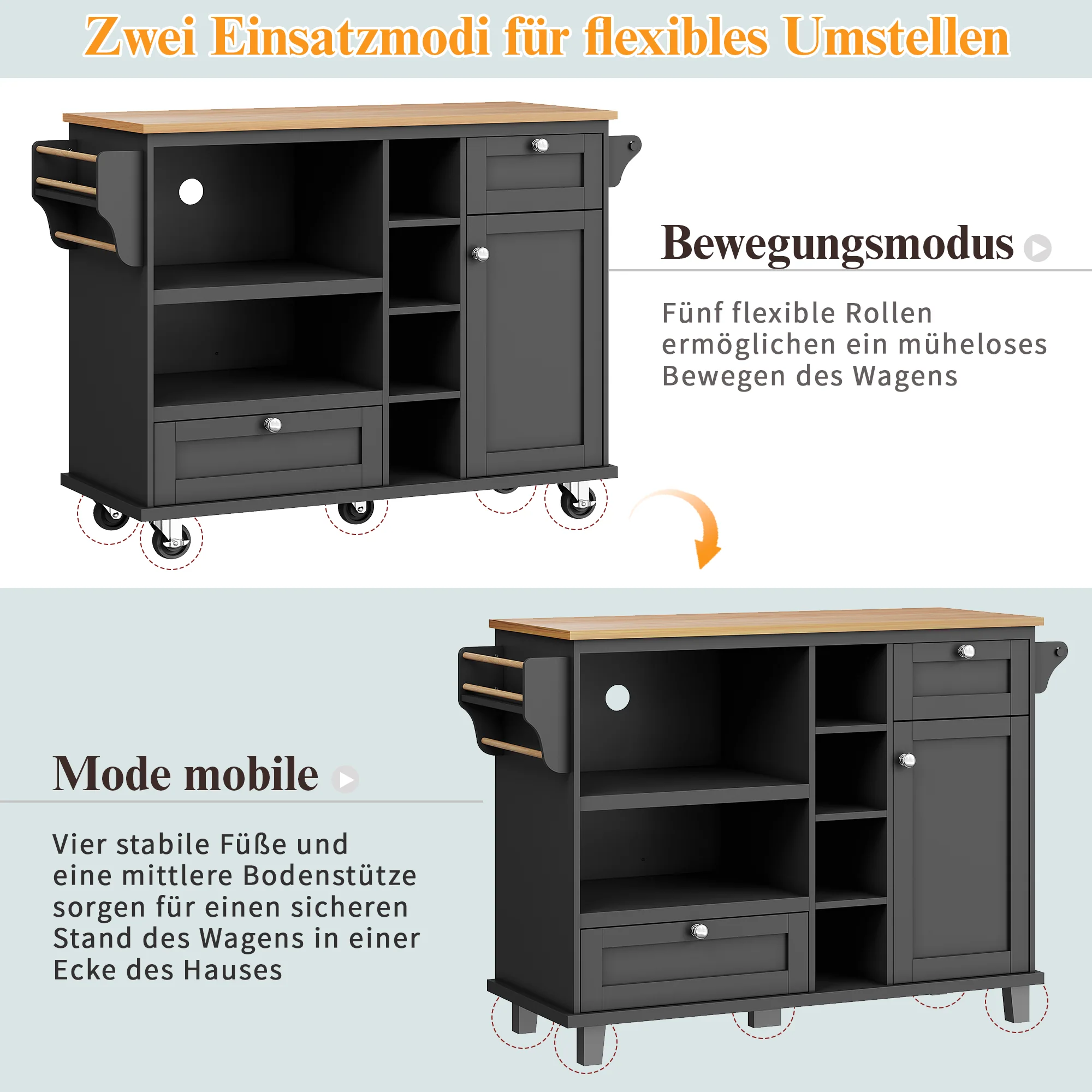 Dining Trolley Mobile Storage Drawers - Black/Light Brown Wood Top - Image 9