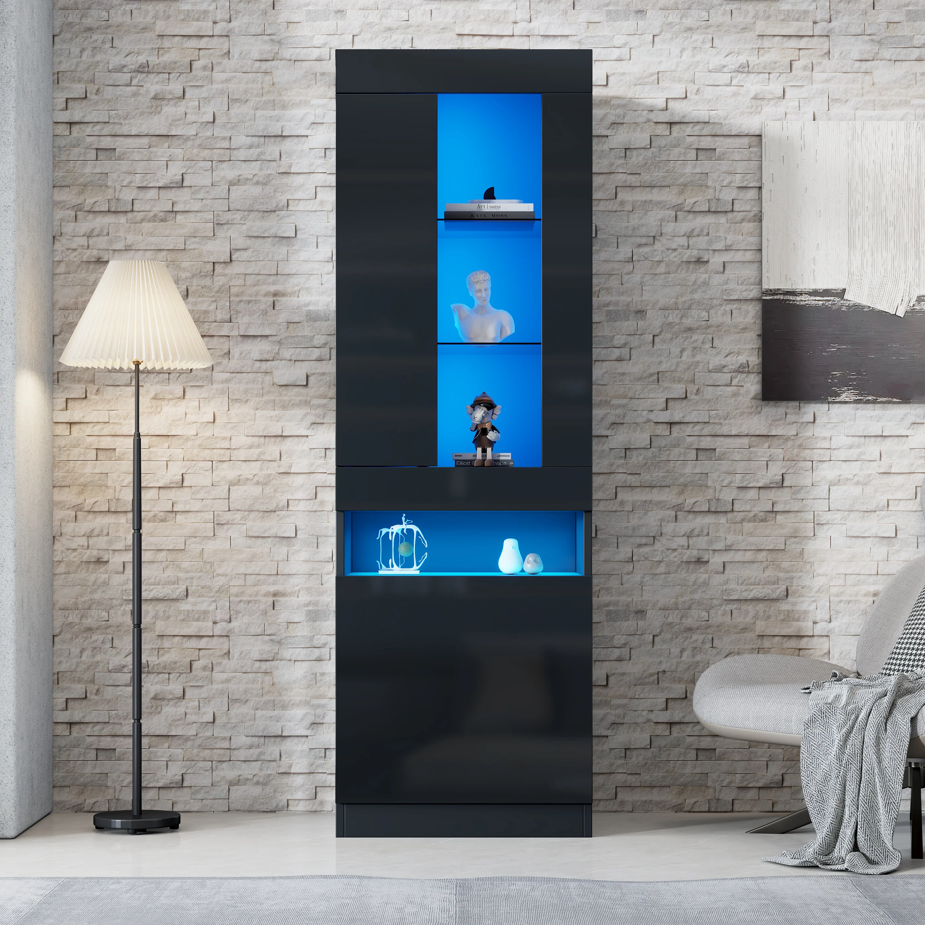 Display Cabinet LED Freestanding Storage - Black - Image 6