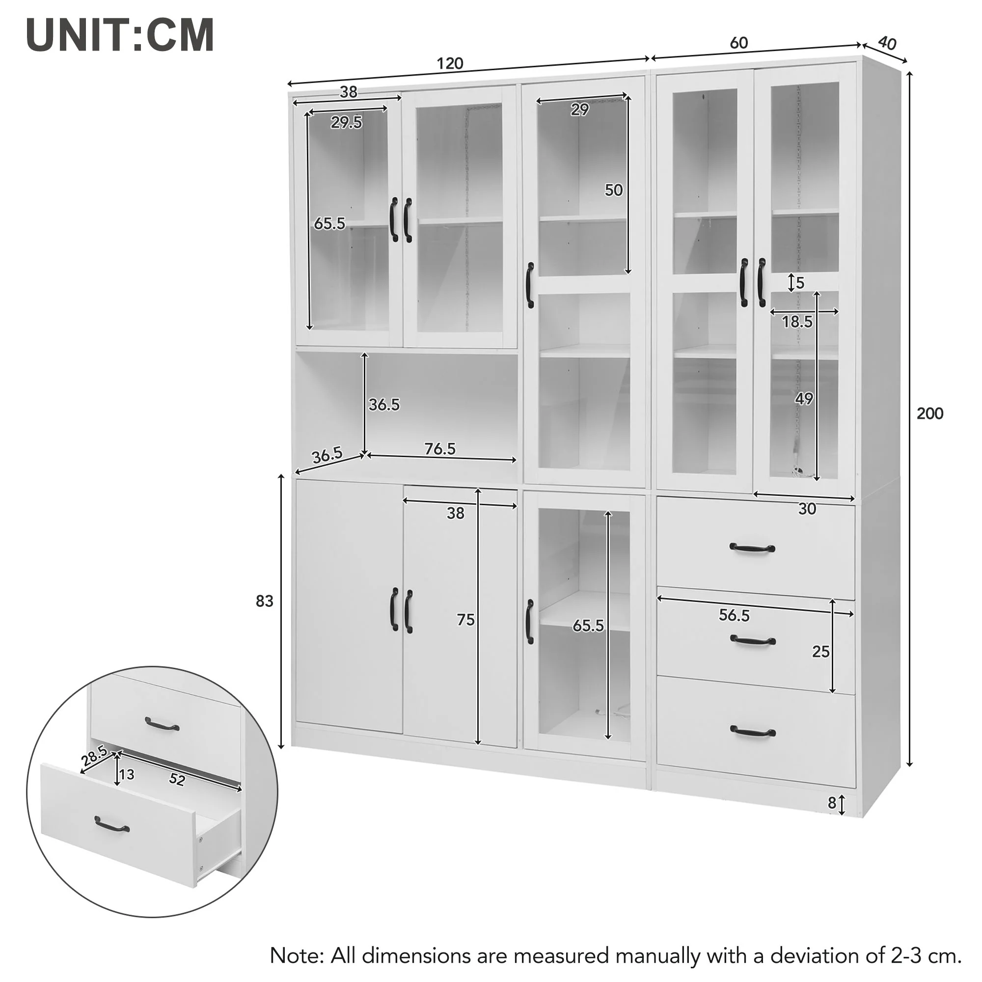 Display Cabinet Set, Modern Combination with LED Lighting, 8 Doors, 3 Drawers, White - Image 4