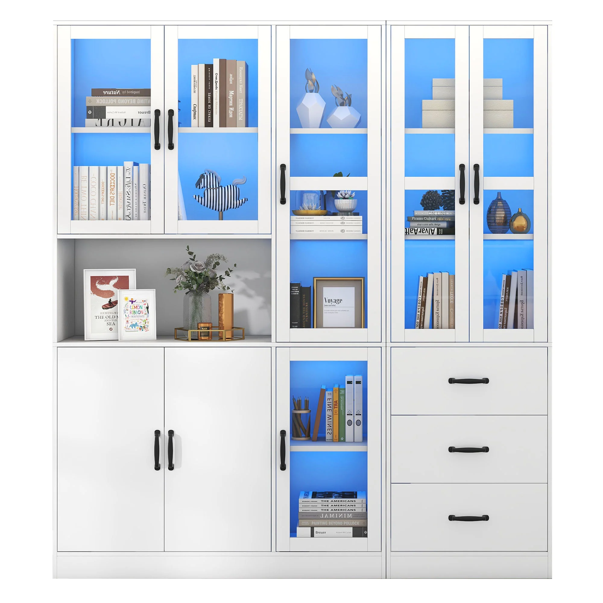 Display Cabinet Set, Modern Combination with LED Lighting, 8 Doors, 3 Drawers, White - Image 5