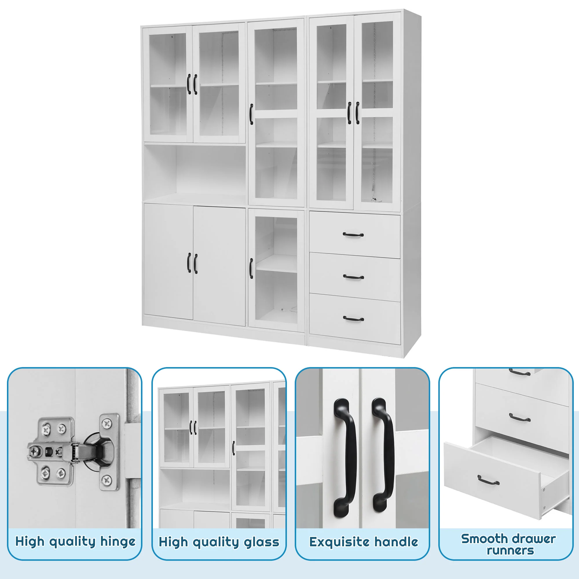 Display Cabinet Set, Modern Combination with LED Lighting, 8 Doors, 3 Drawers, White - Image 8