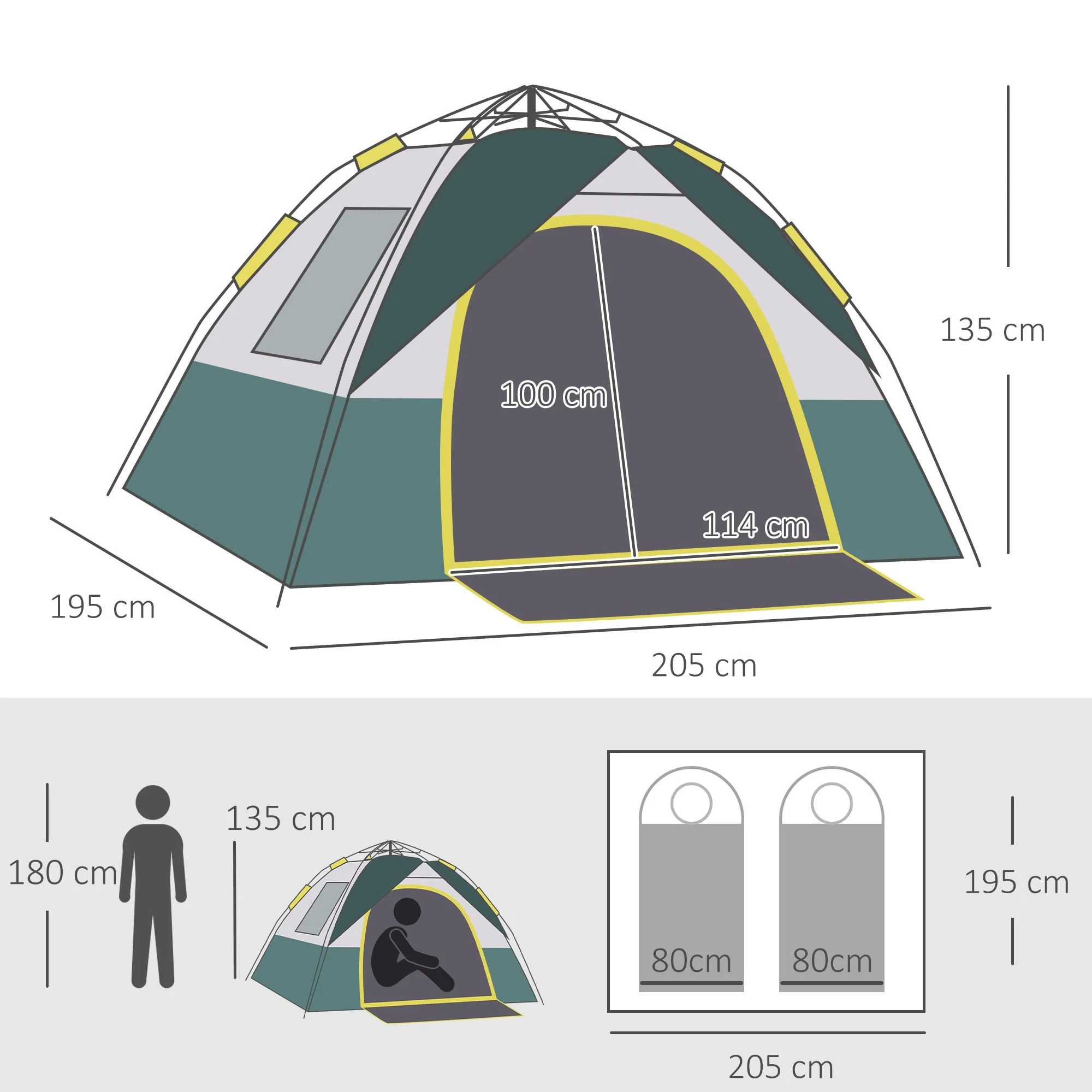 Dome Tent 3-Person 205x195x135cm Polyester, Green - Image 3