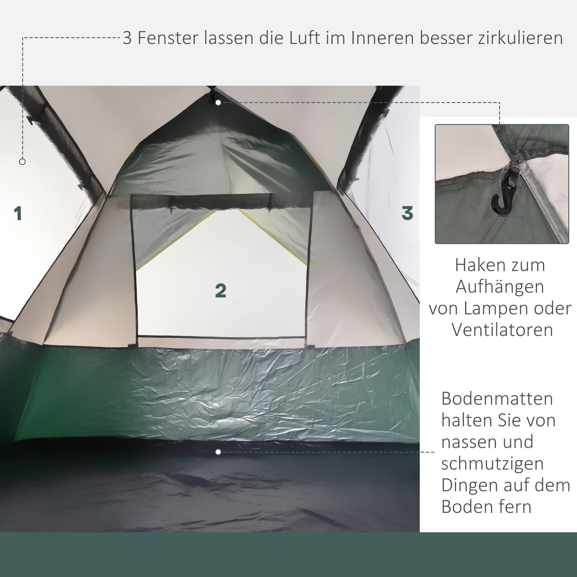Dome Tent 3-Person 205x195x135cm Polyester, Green - Image 6