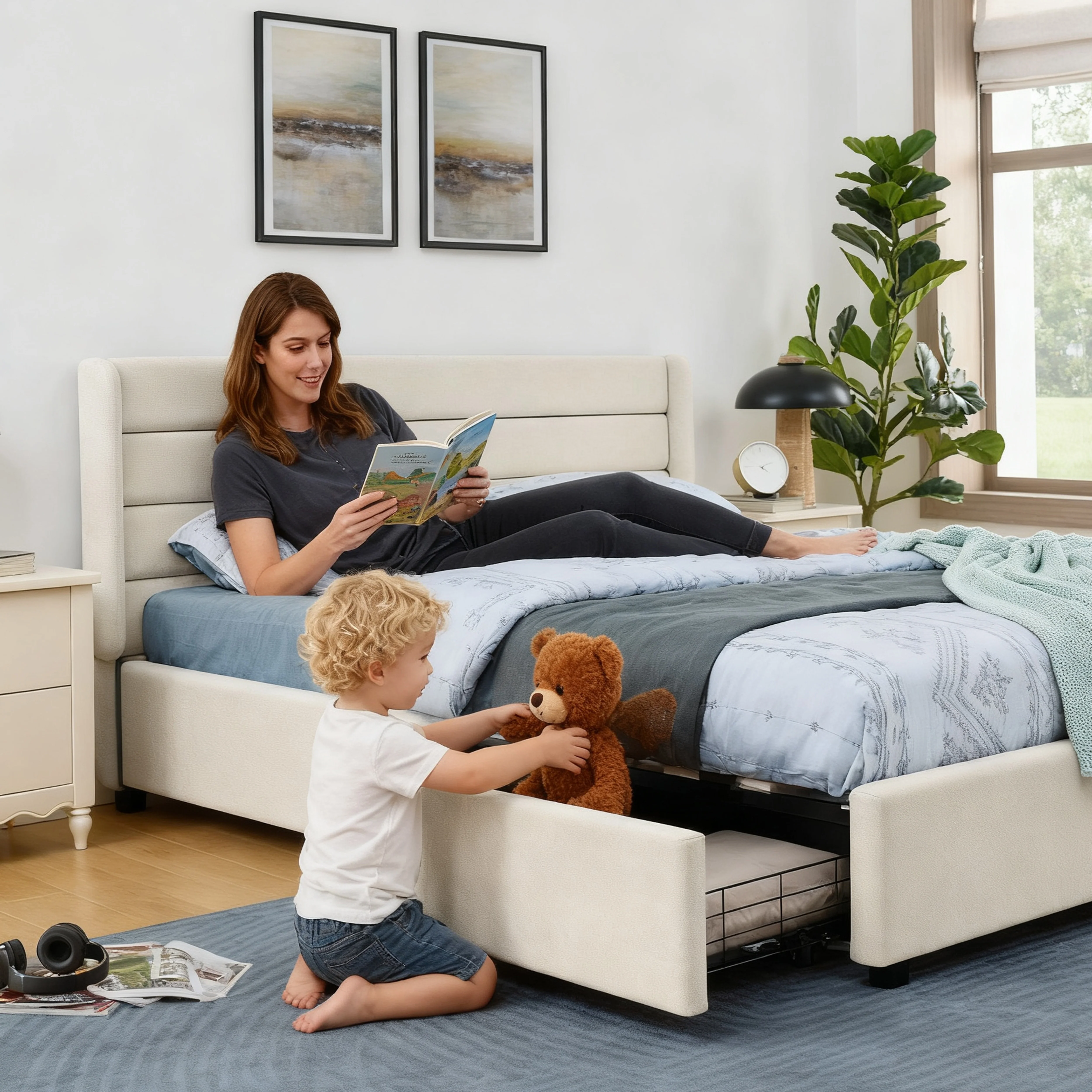 Double Bed 140x200cm 4 Storage Drawers Chenille - Beige - Image 3
