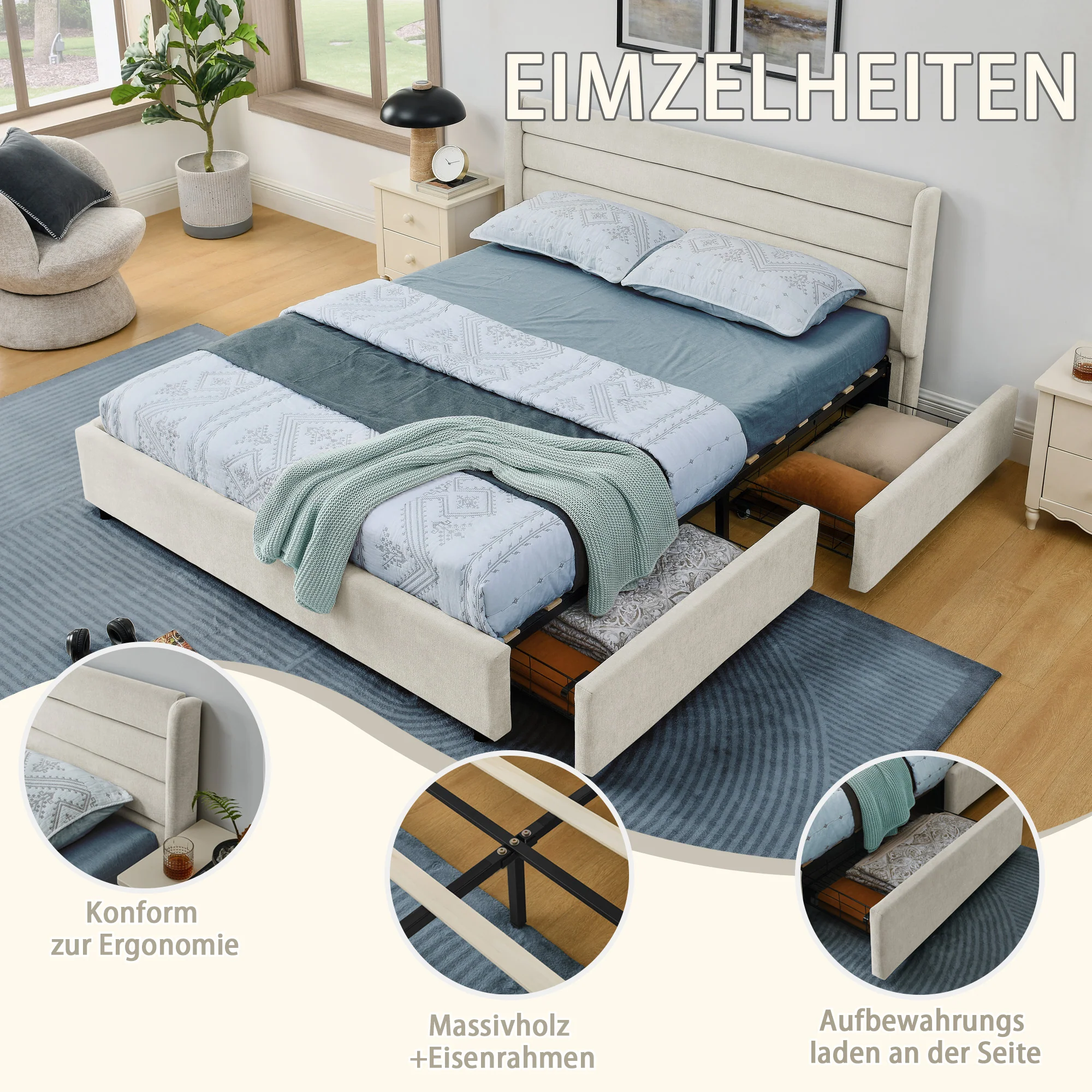 Double Bed 140x200cm 4 Storage Drawers Chenille - Beige - Image 4