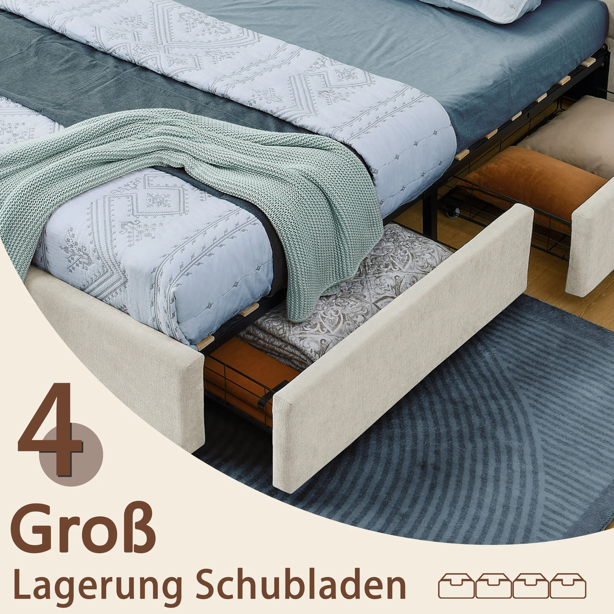 Double Bed 140x200cm 4 Storage Drawers Chenille - Beige - Image 5