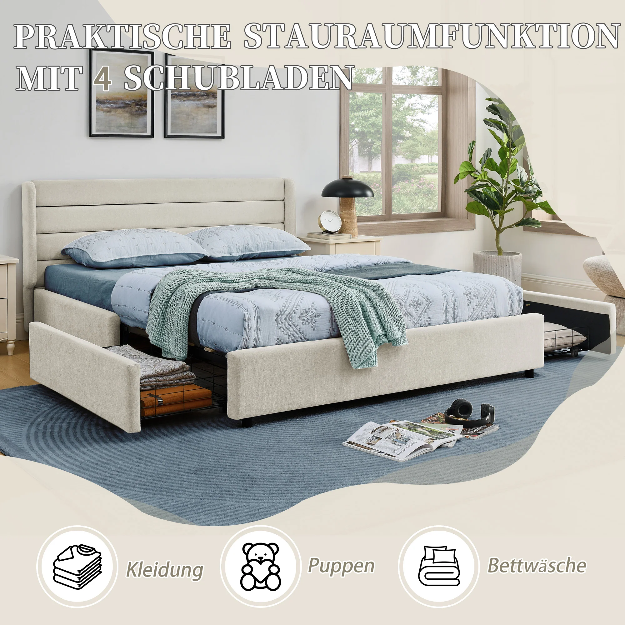 Double Bed 140x200cm 4 Storage Drawers Chenille - Beige - Image 6