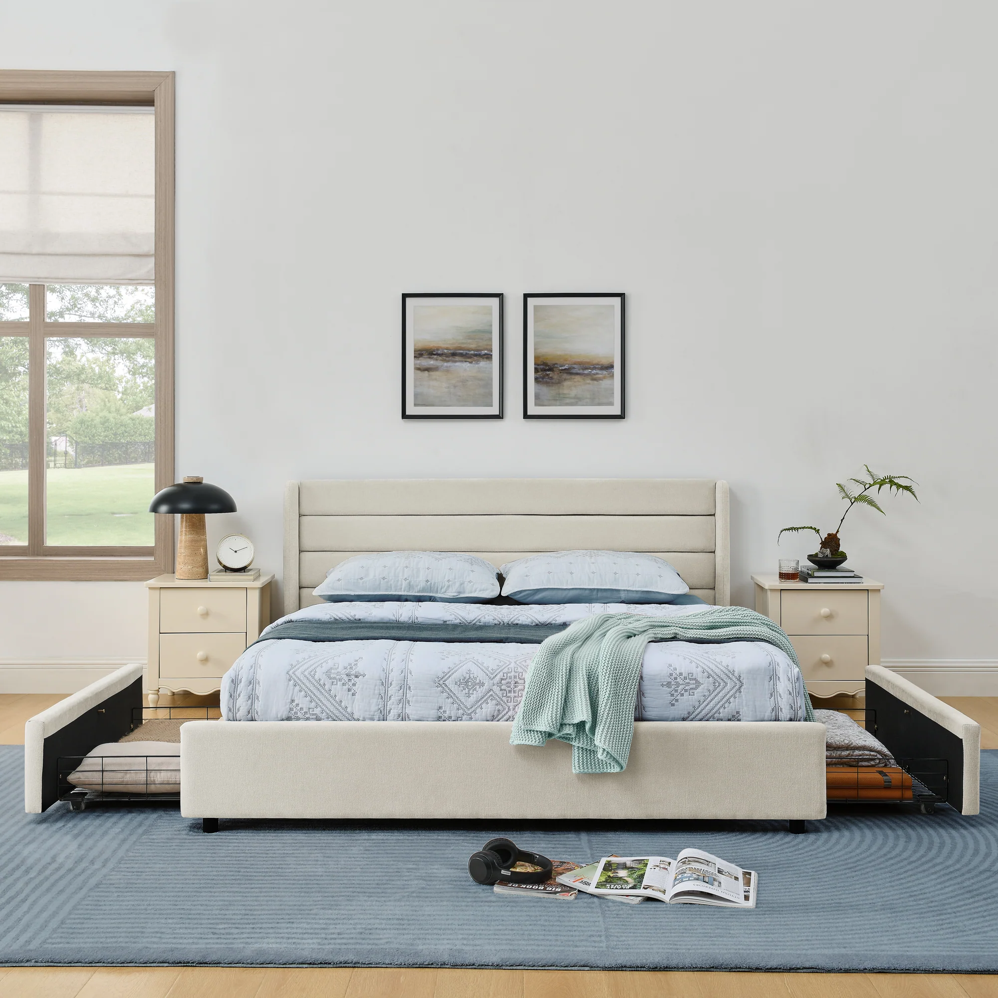 Double Bed 140x200cm 4 Storage Drawers Chenille - Beige - Image 8