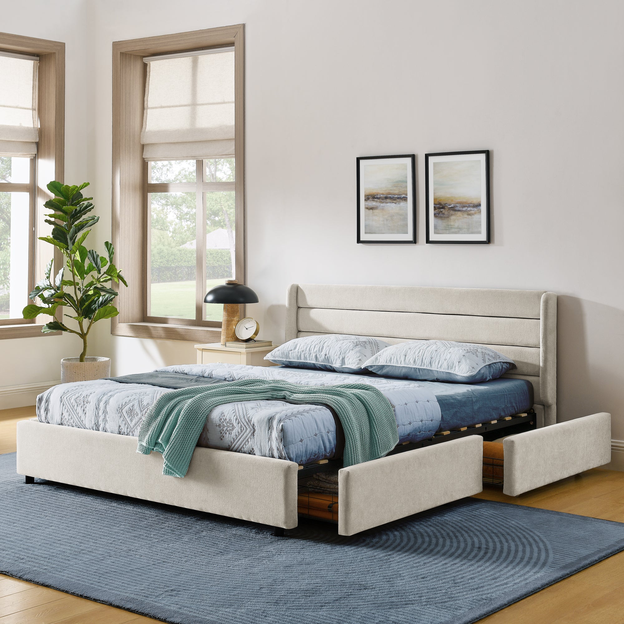 Double Bed 140x200cm 4 Storage Drawers Chenille - Beige - Image 9