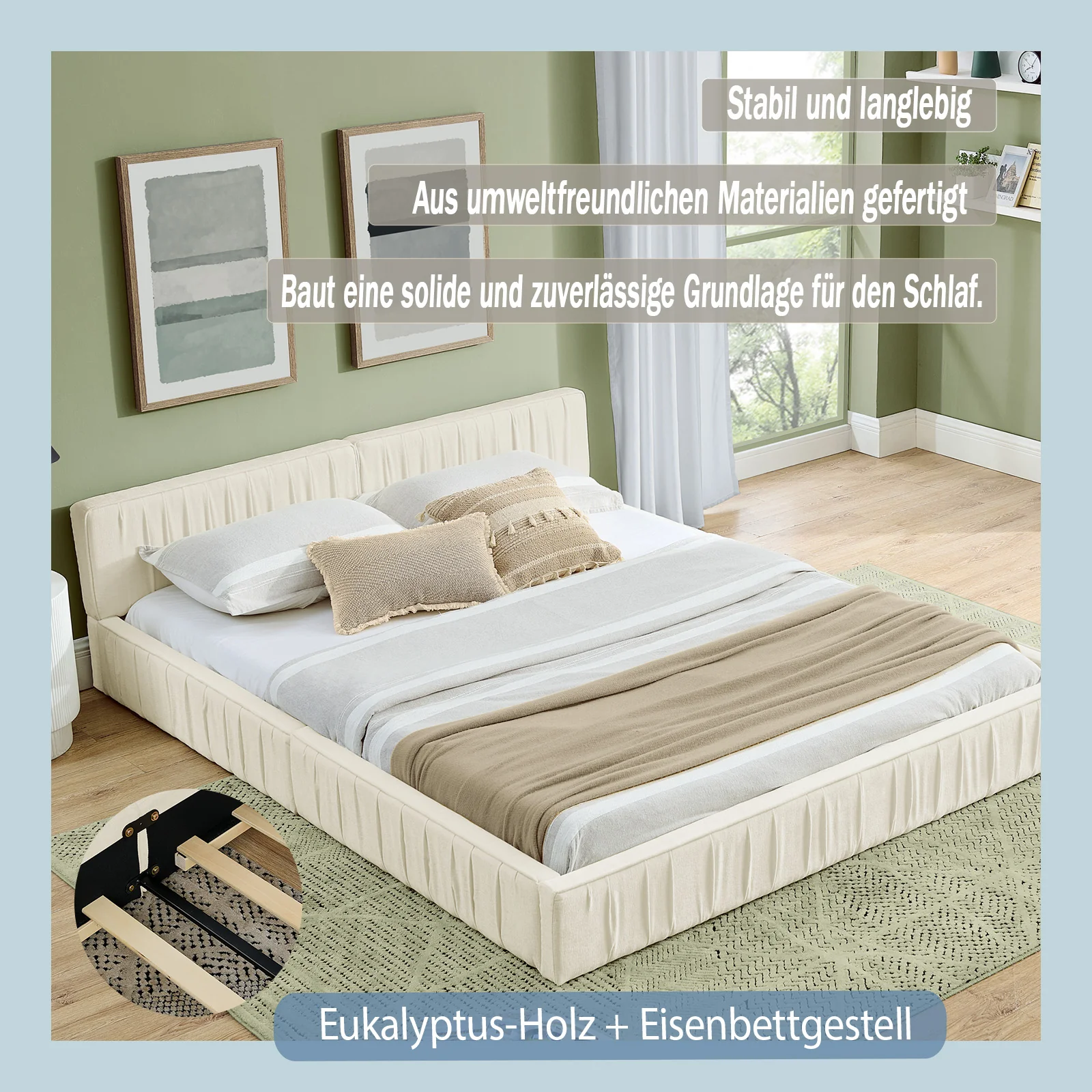 Double Bed 140x200cm Chenille Cover Eucalyptus Frame - Beige - Image 3