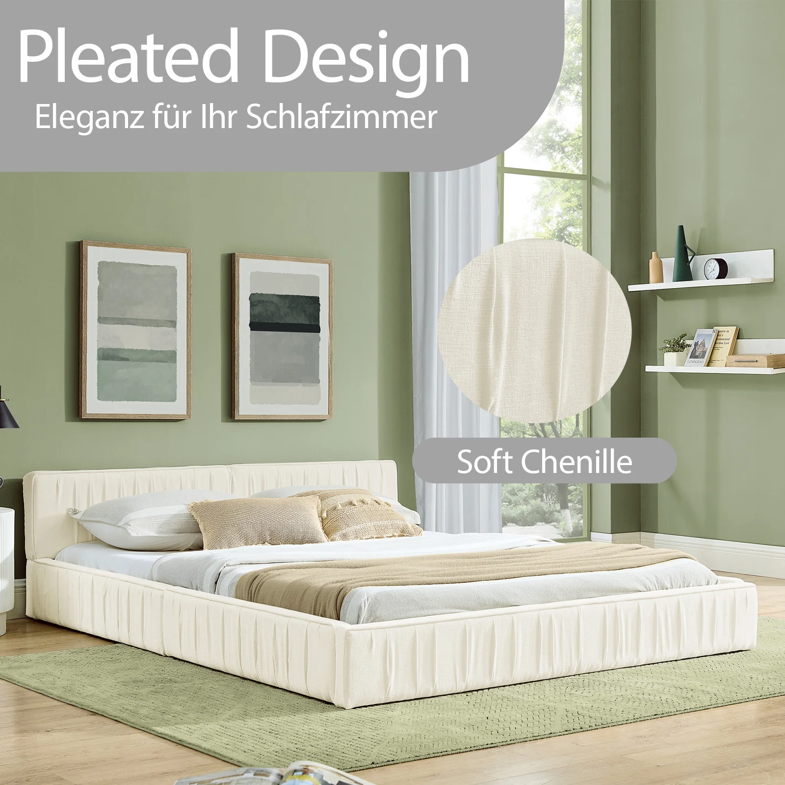 Double Bed 140x200cm Chenille Cover Eucalyptus Frame - Beige - Image 4