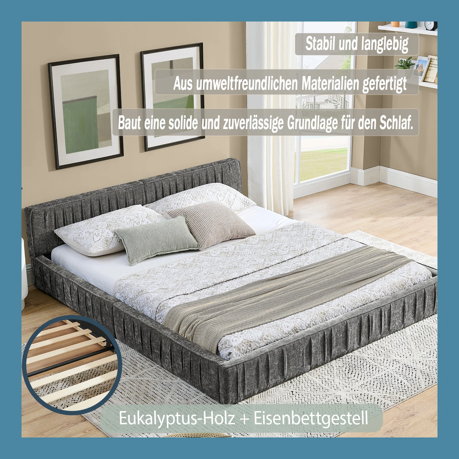 Double Bed 140x200cm Chenille Cover Iron Frame - Dark Grey - Image 4