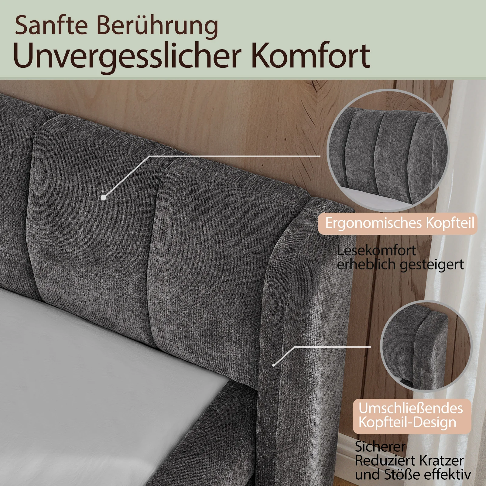 Double Bed 140x200cm Comfortable Backrest Chenille - Dark Grey - Image 3