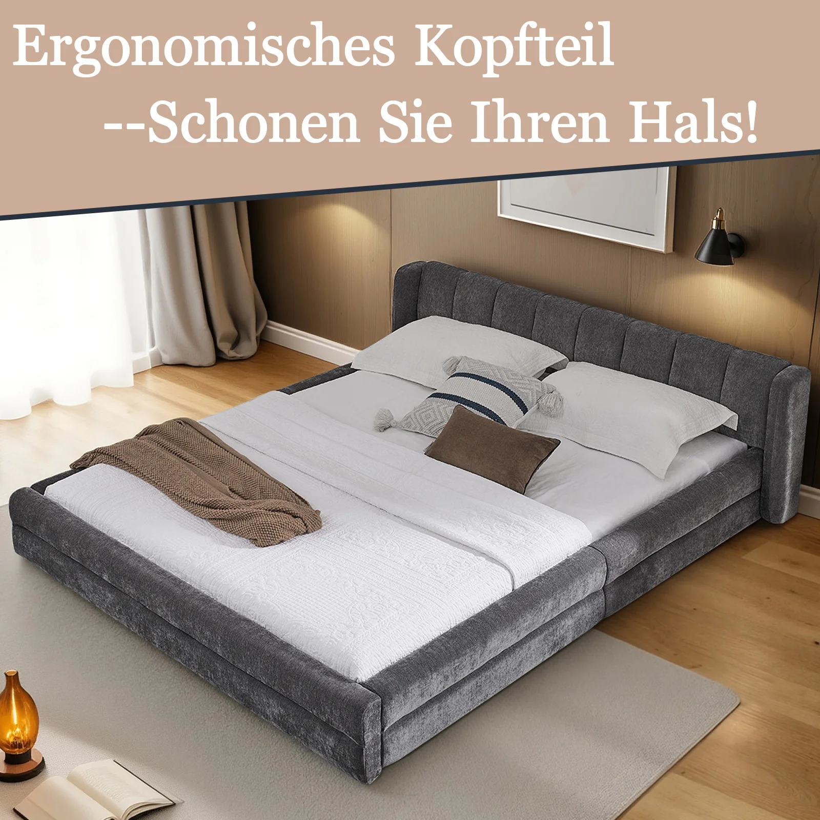 Double Bed 140x200cm Comfortable Backrest Chenille - Dark Grey - Image 6