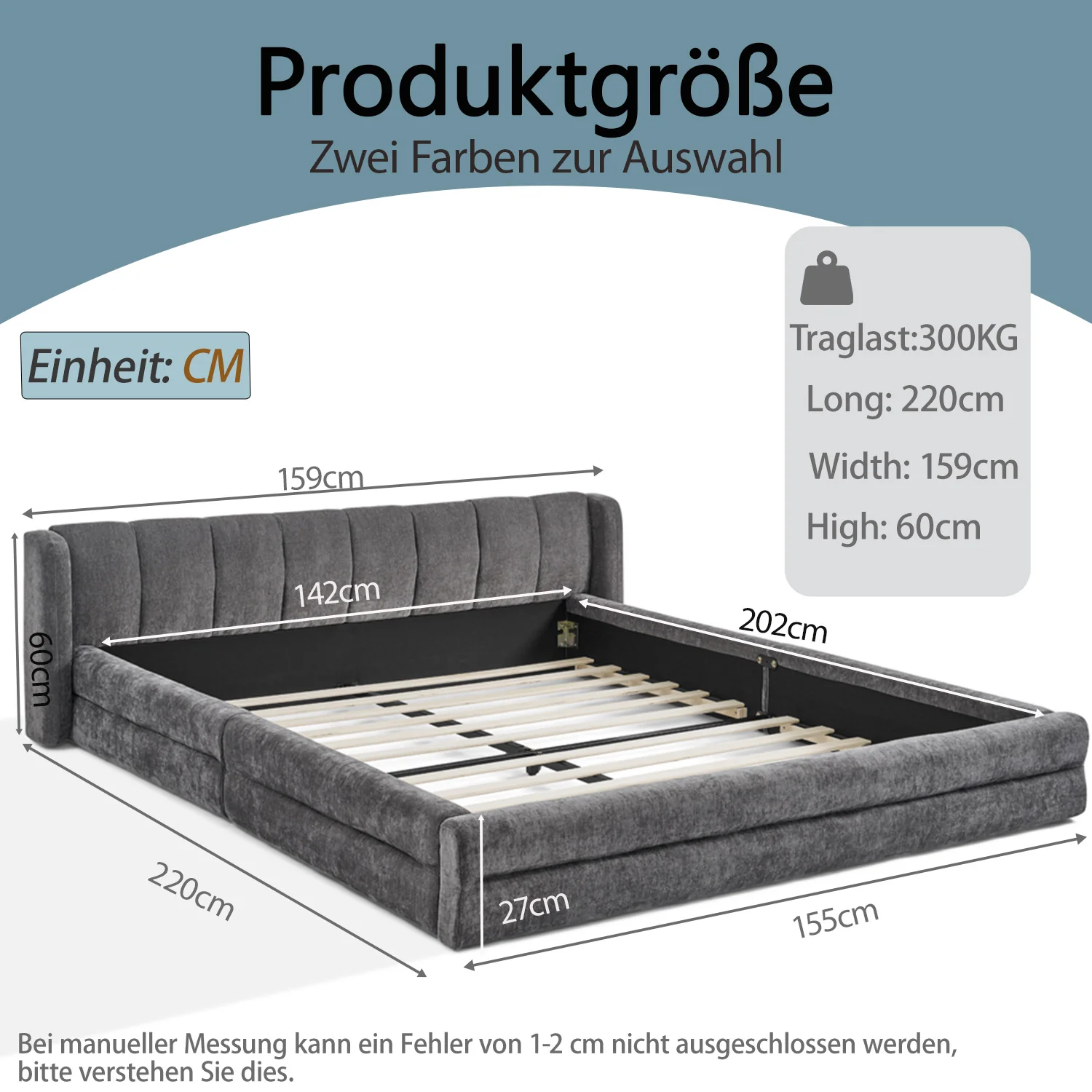 Double Bed 140x200cm Comfortable Backrest Chenille - Dark Grey - Image 7