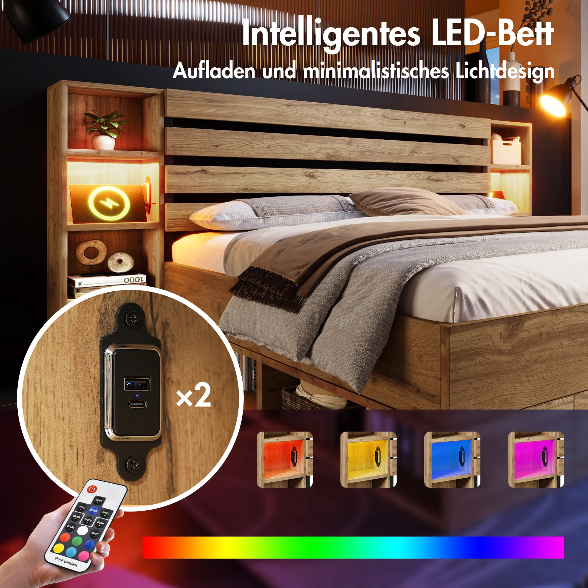 Double Bed 160x200 Storage LED/USB Headboard Drawers Solid Wood Oak - Image 6