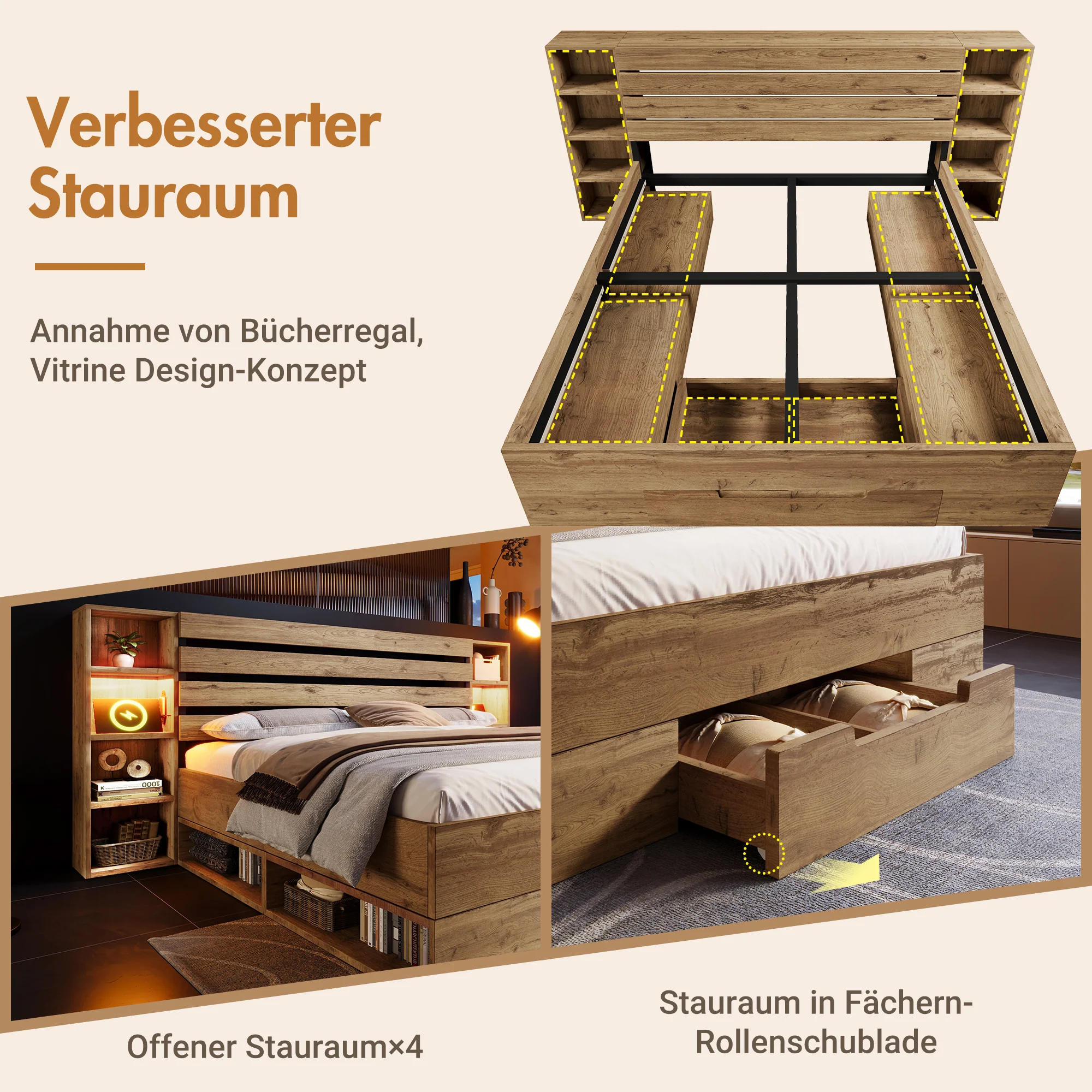 Double Bed 160x200 Storage LED/USB Headboard Drawers Solid Wood Oak - Image 7