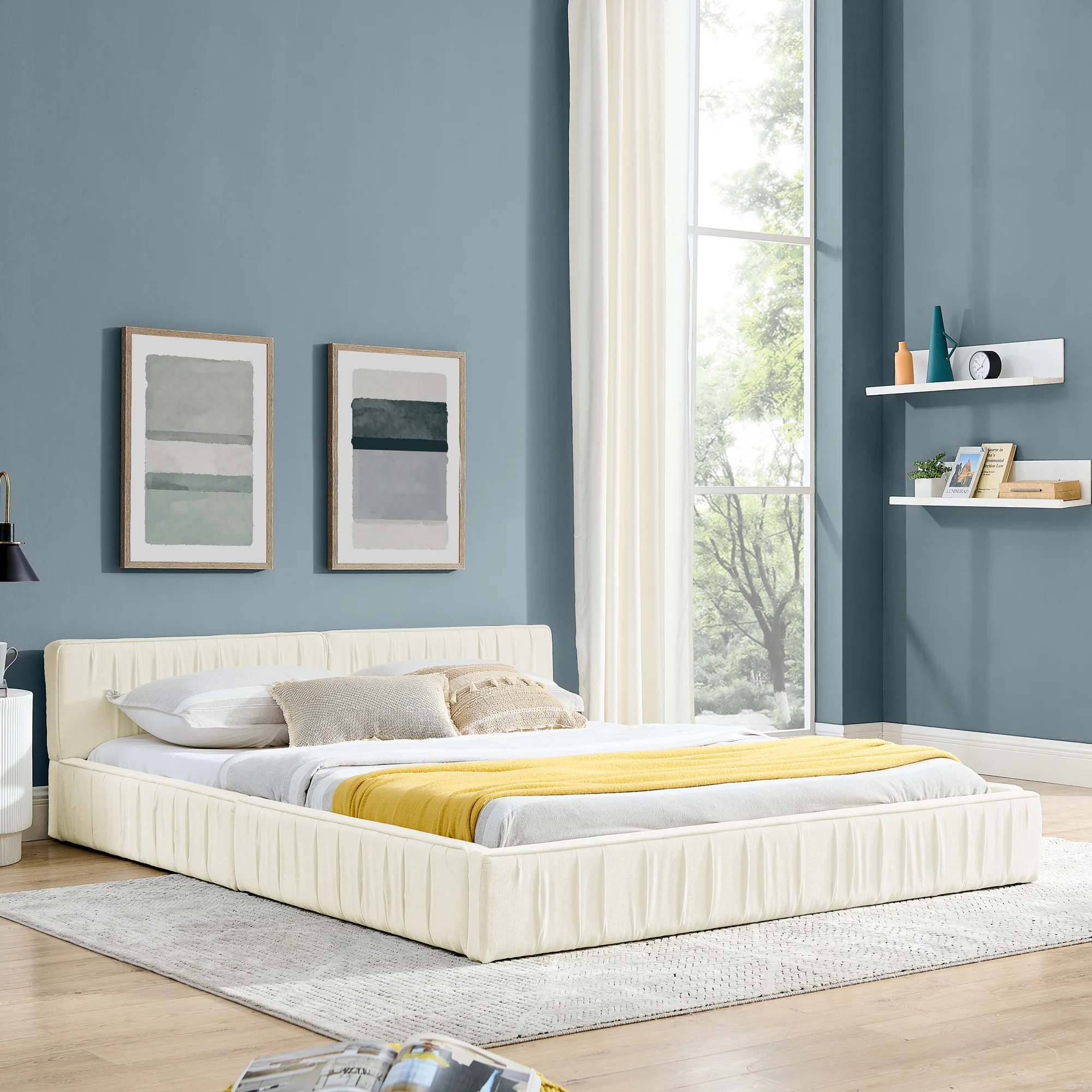 Double Bed 160x200cm Chenille Cover Wood & Iron Frame - Beige