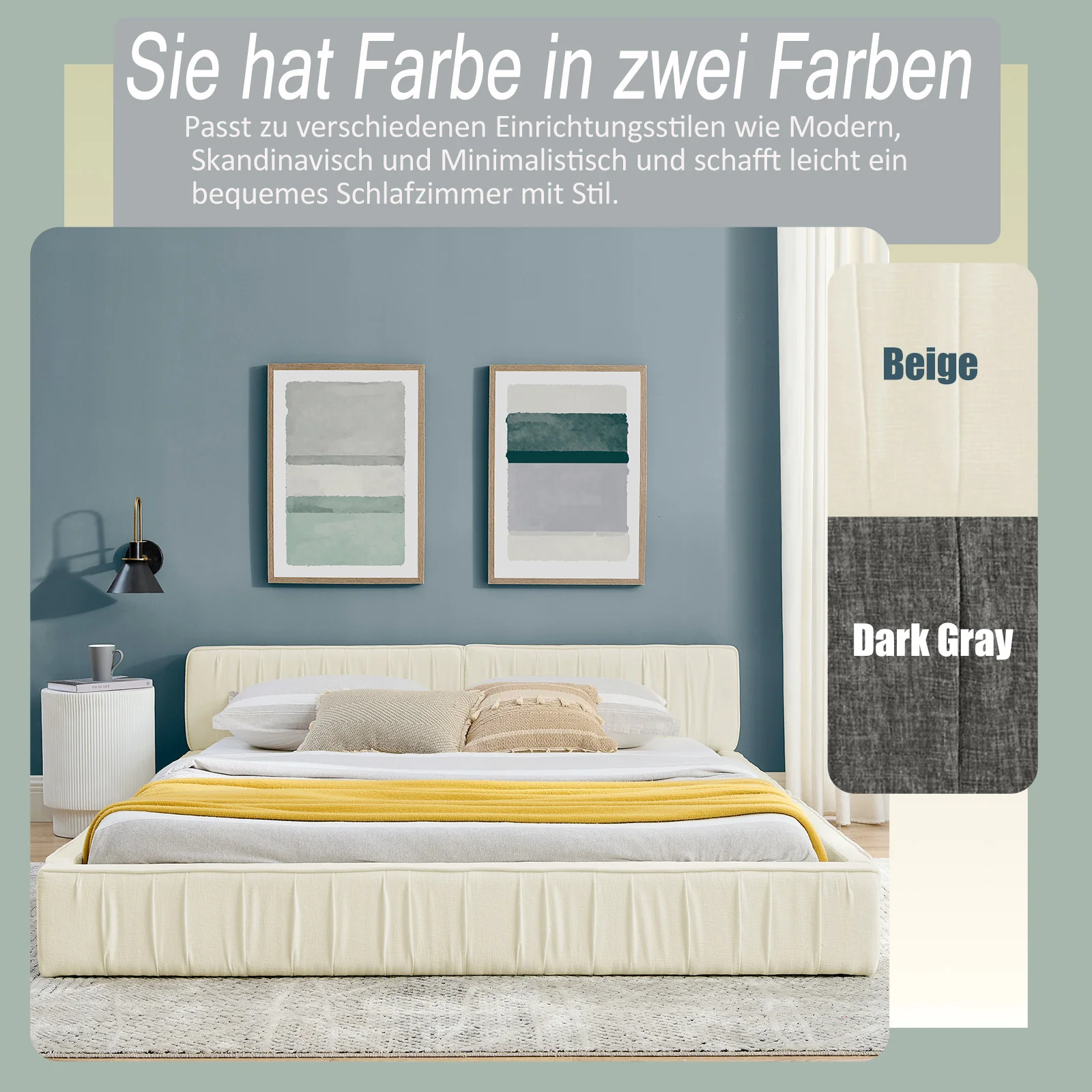 Double Bed 160x200cm Chenille Cover Wood & Iron Frame - Beige - Image 2