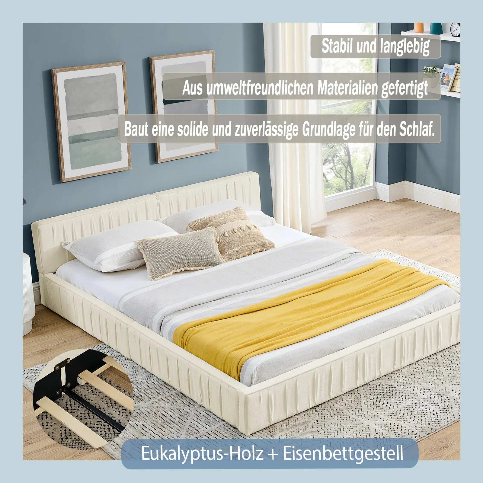 Double Bed 160x200cm Chenille Cover Wood & Iron Frame - Beige - Image 5