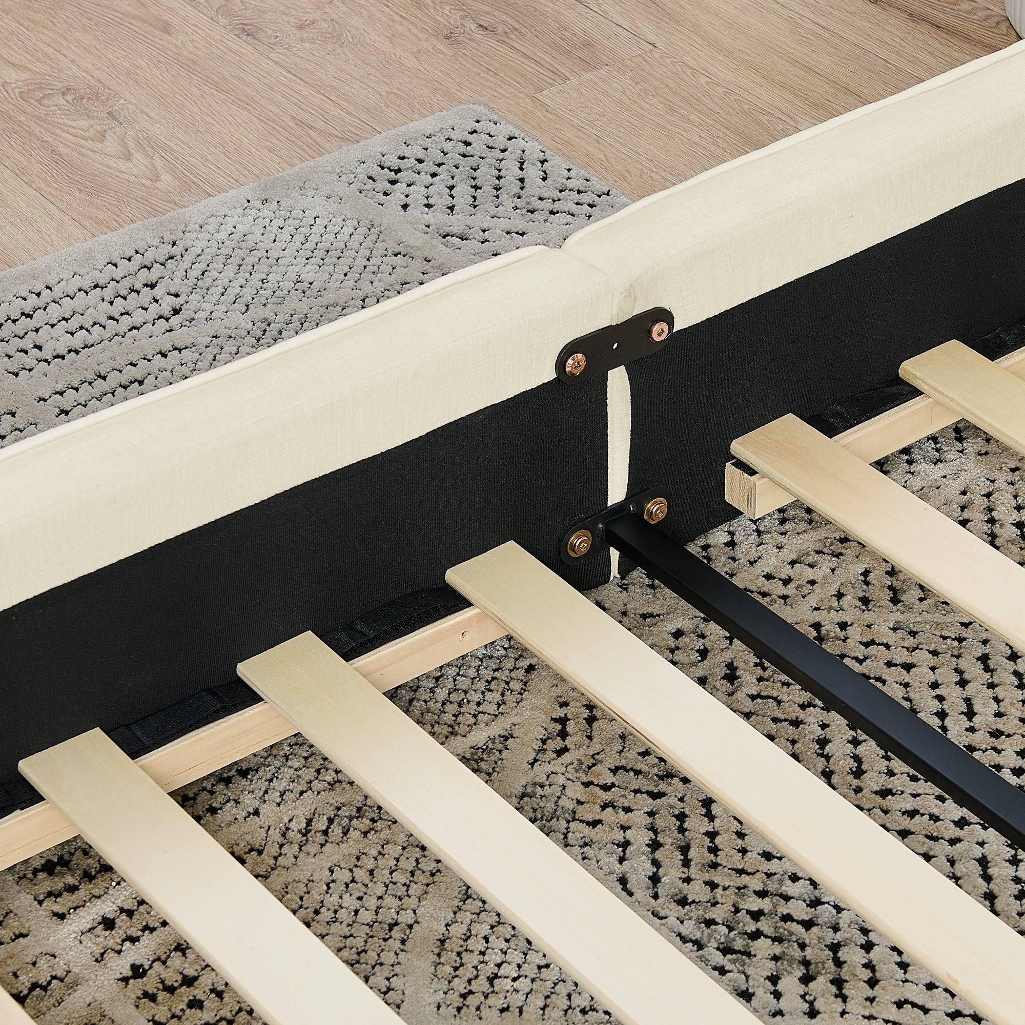 Double Bed 160x200cm Chenille Cover Wood & Iron Frame - Beige - Image 9