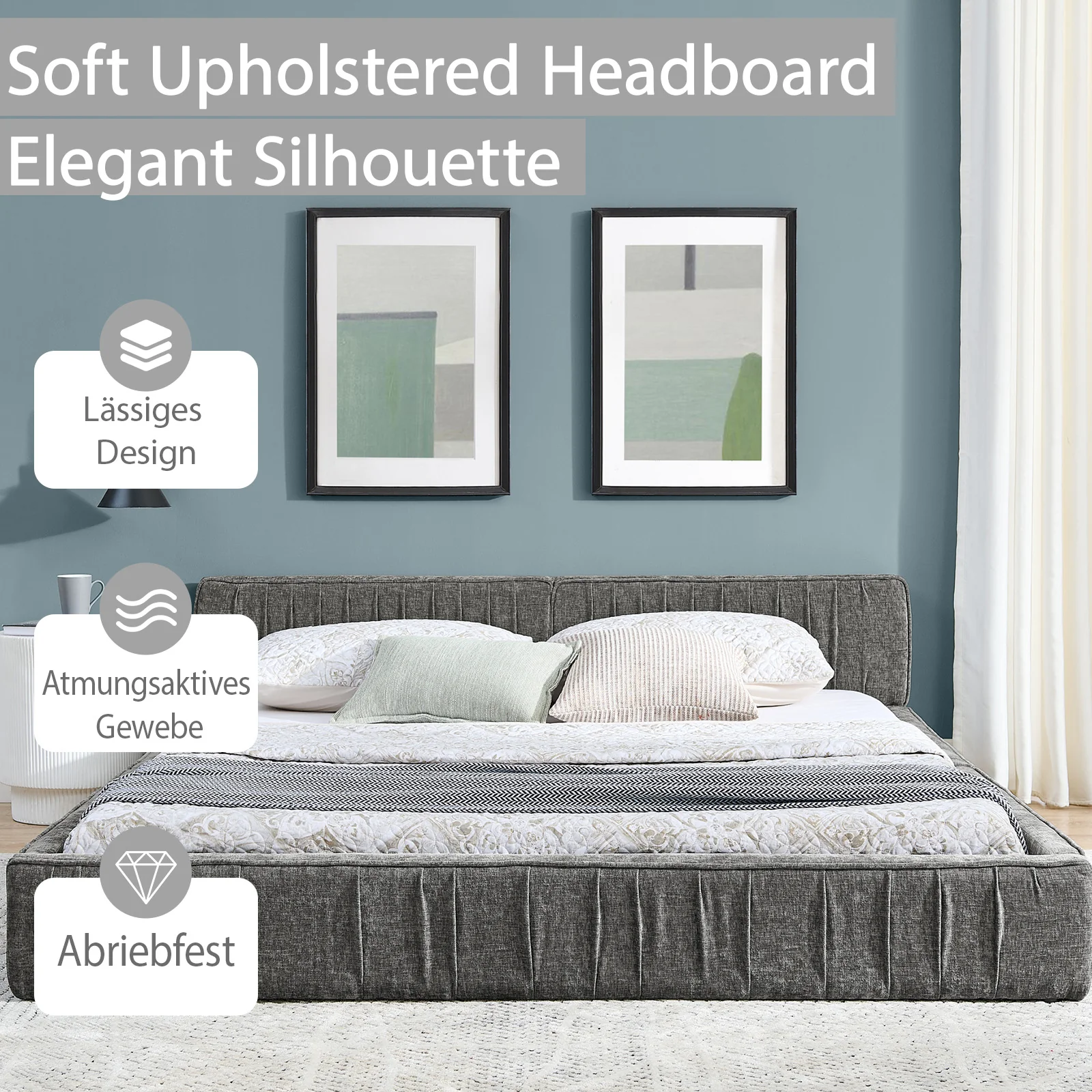 Double Bed 160x200cm Chenille Eucalyptus Wood Iron Frame - Dark Grey - Image 2