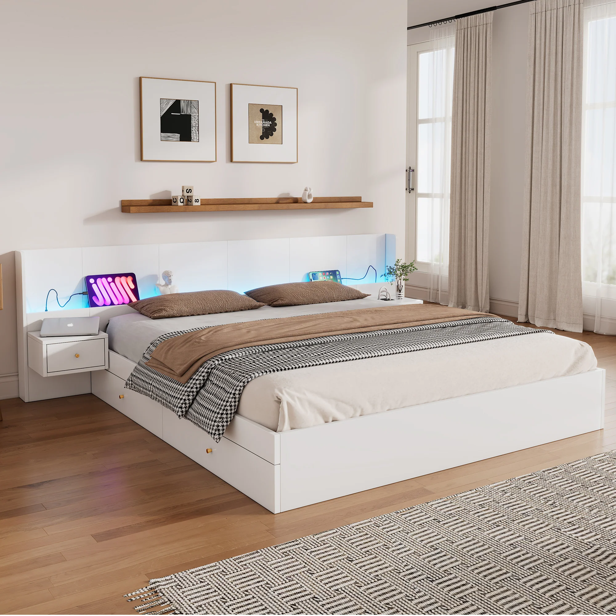 Double Bed 180x200cm LED USB App Control 2 Nightstands Storage - White Wood