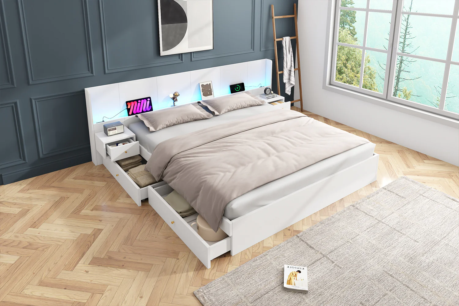 Double Bed 180x200cm LED USB App Control 2 Nightstands Storage - White Wood - Image 10