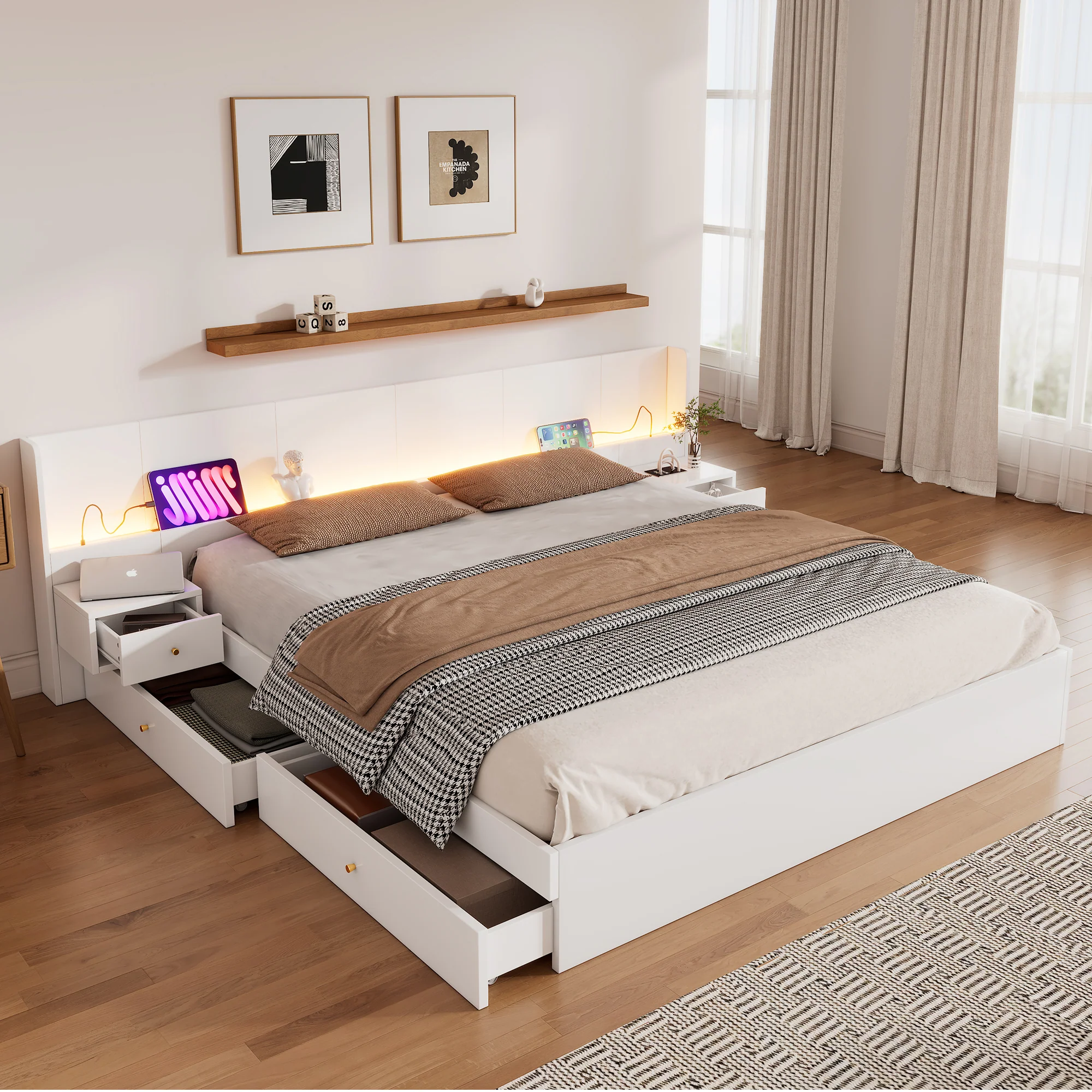 Double Bed 180x200cm LED USB App Control 2 Nightstands Storage - White Wood - Image 2