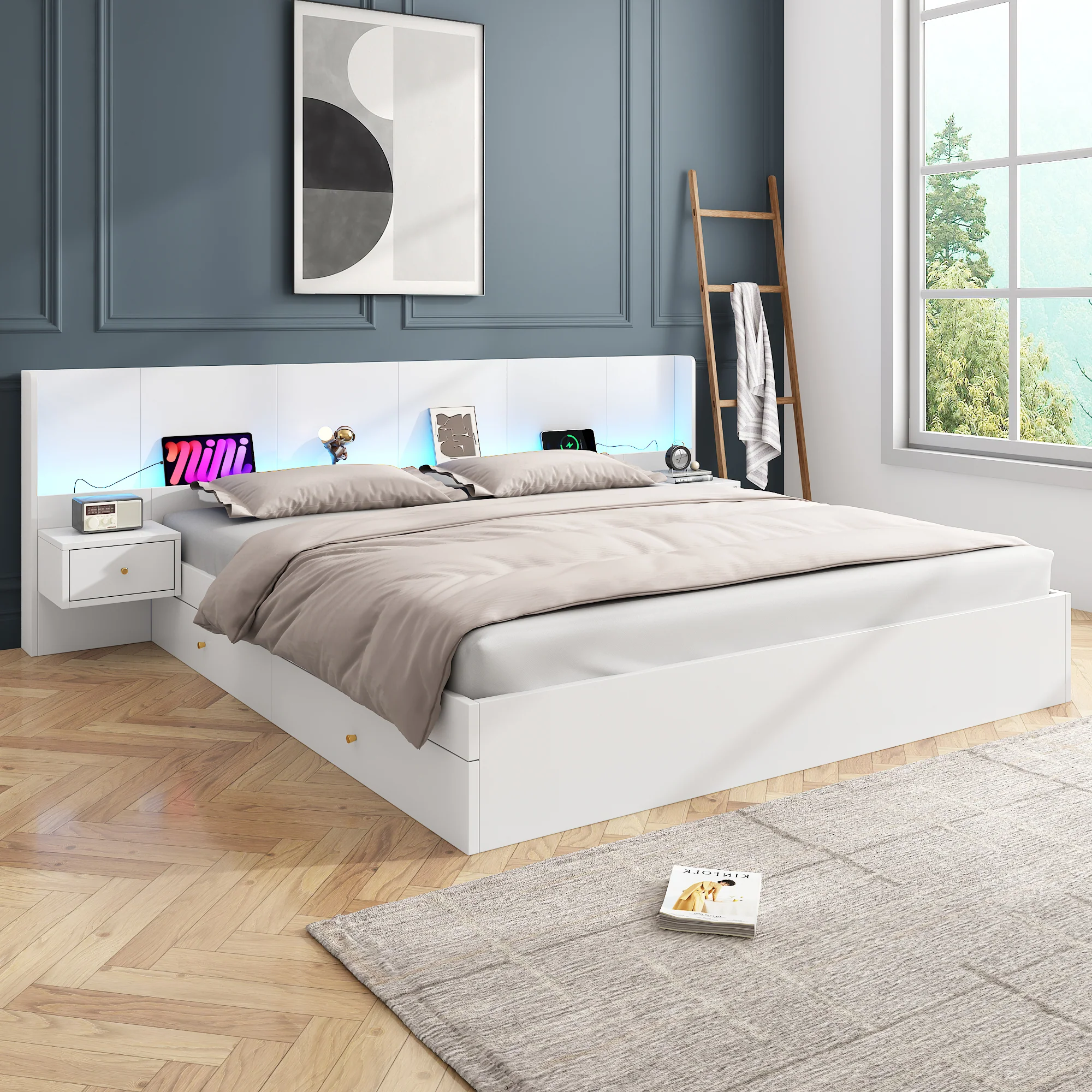 Double Bed 180x200cm LED USB App Control 2 Nightstands Storage - White Wood - Image 3