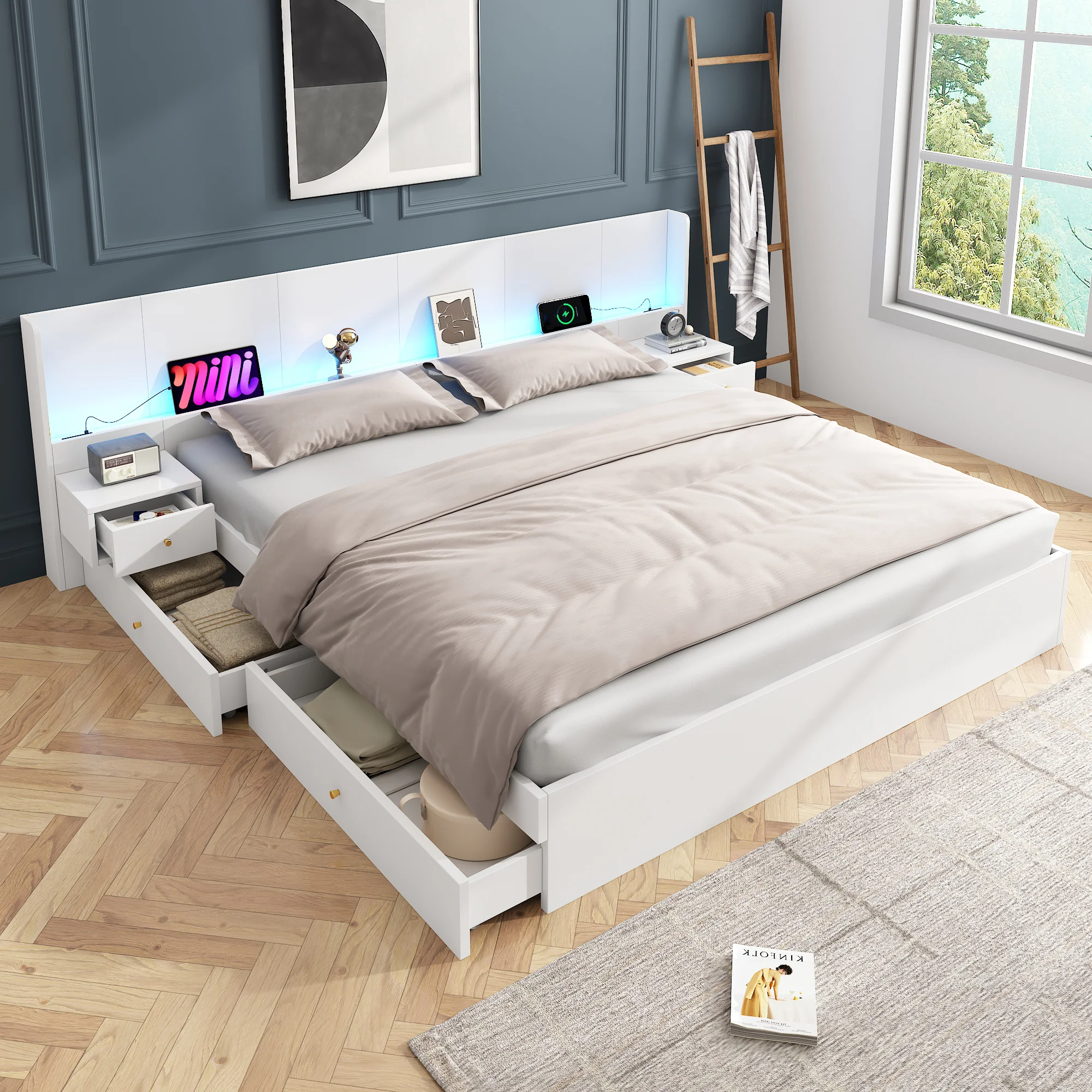 Double Bed 180x200cm LED USB App Control 2 Nightstands Storage - White Wood - Image 4