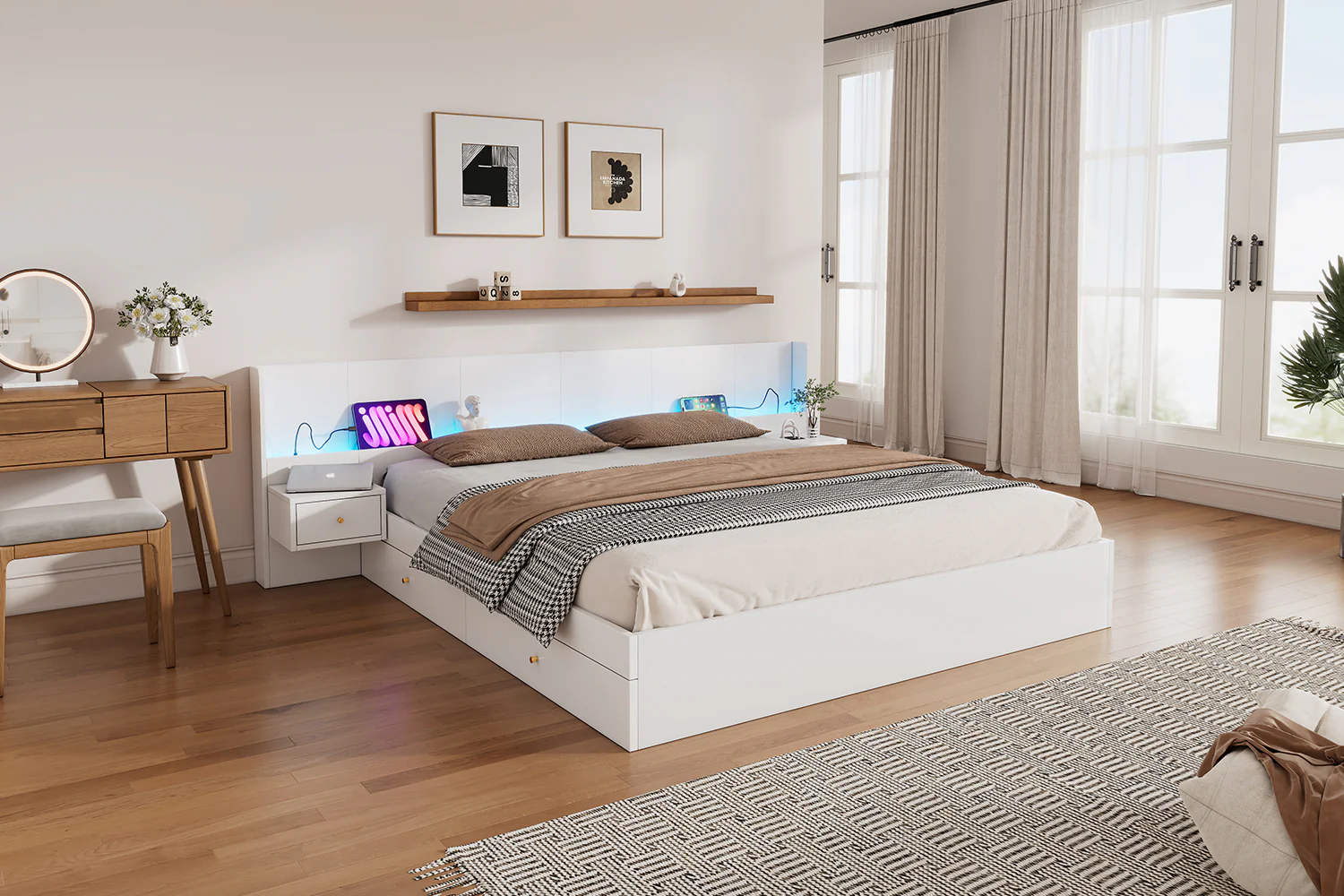 Double Bed 180x200cm LED USB App Control 2 Nightstands Storage - White Wood - Image 5
