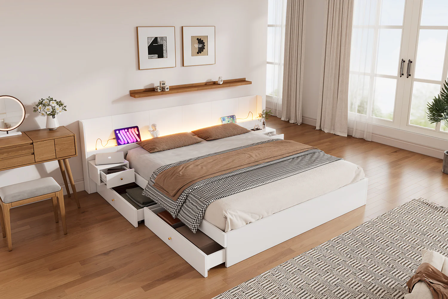 Double Bed 180x200cm LED USB App Control 2 Nightstands Storage - White Wood - Image 6