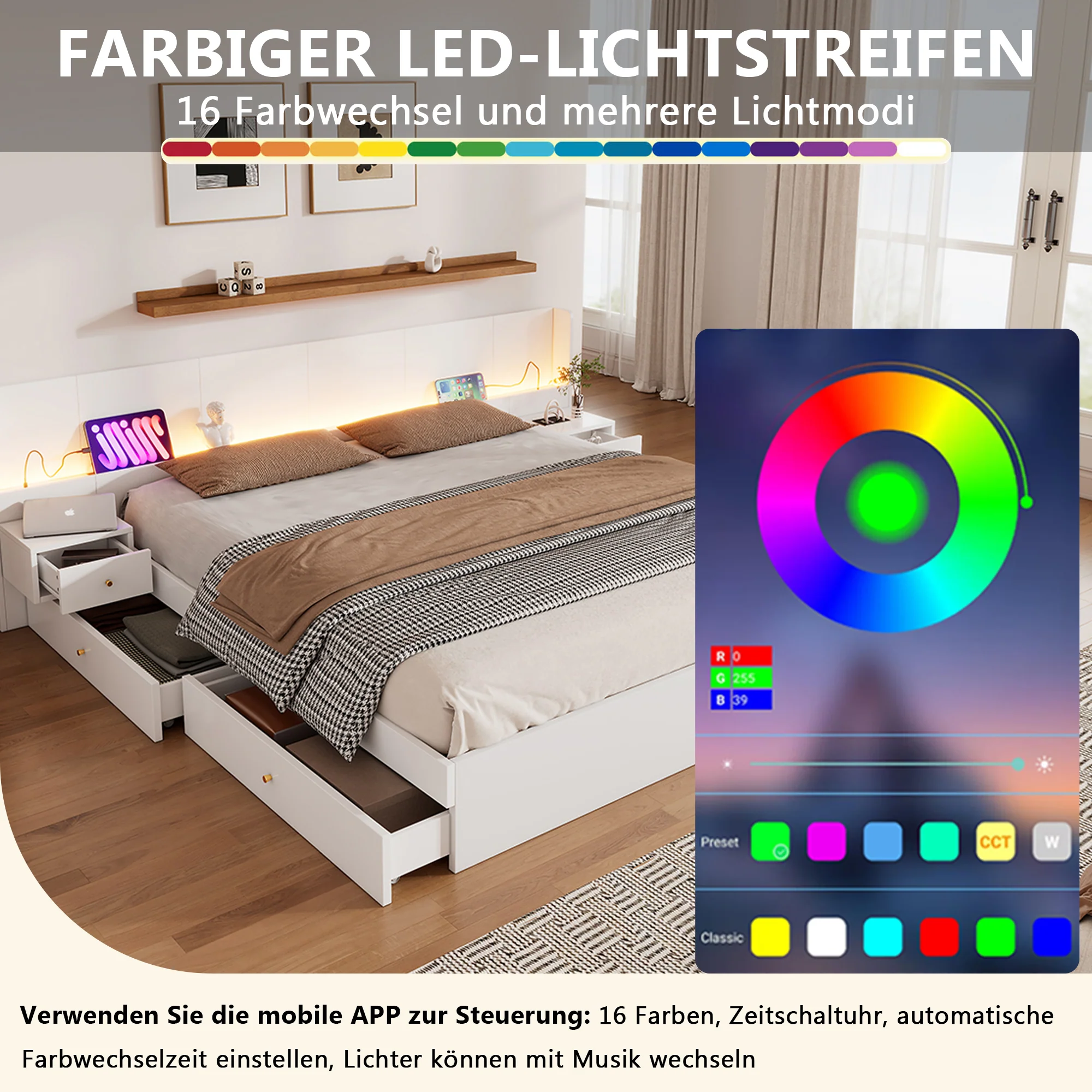 Double Bed 180x200cm LED USB App Control 2 Nightstands Storage - White Wood - Image 7