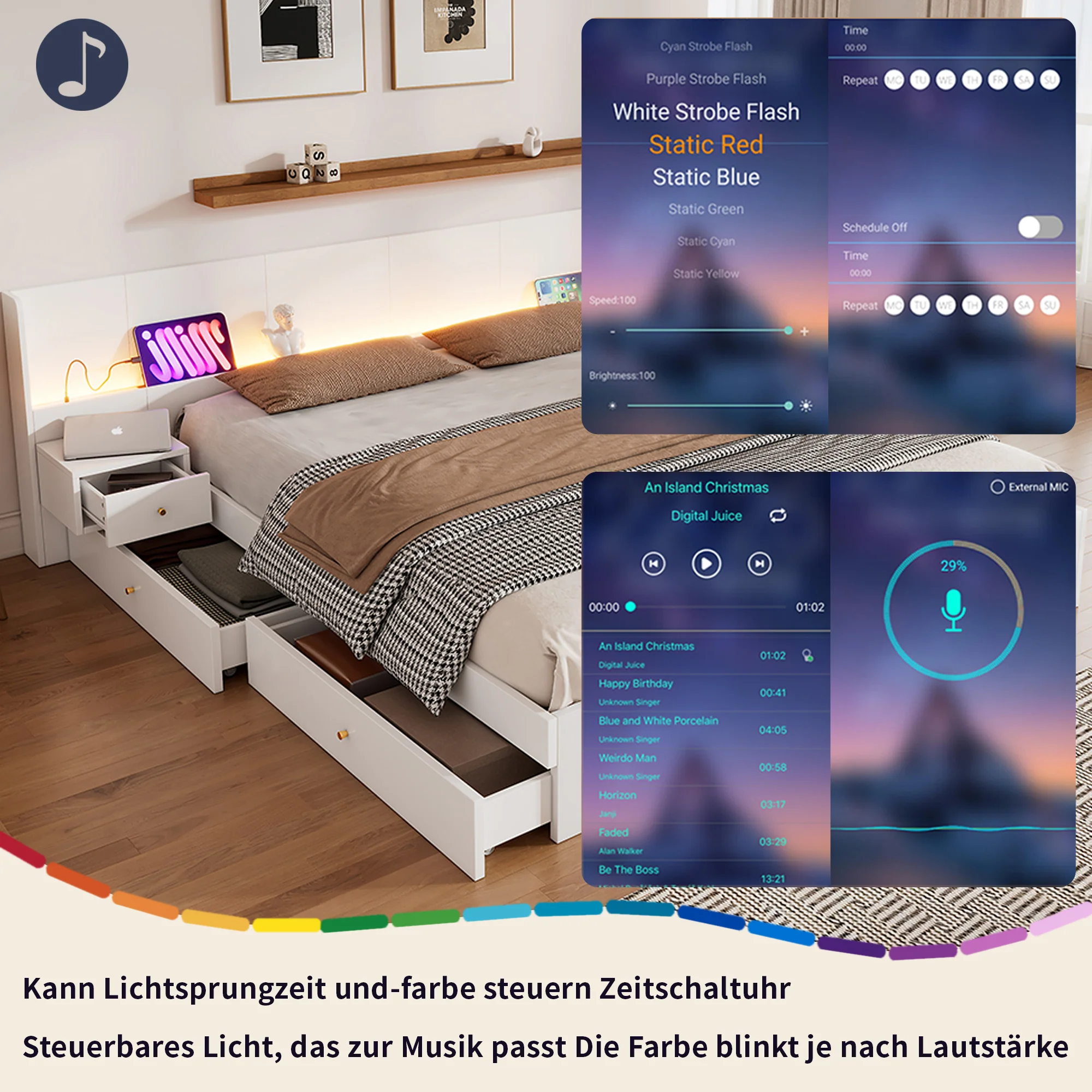 Double Bed 180x200cm LED USB App Control 2 Nightstands Storage - White Wood - Image 8