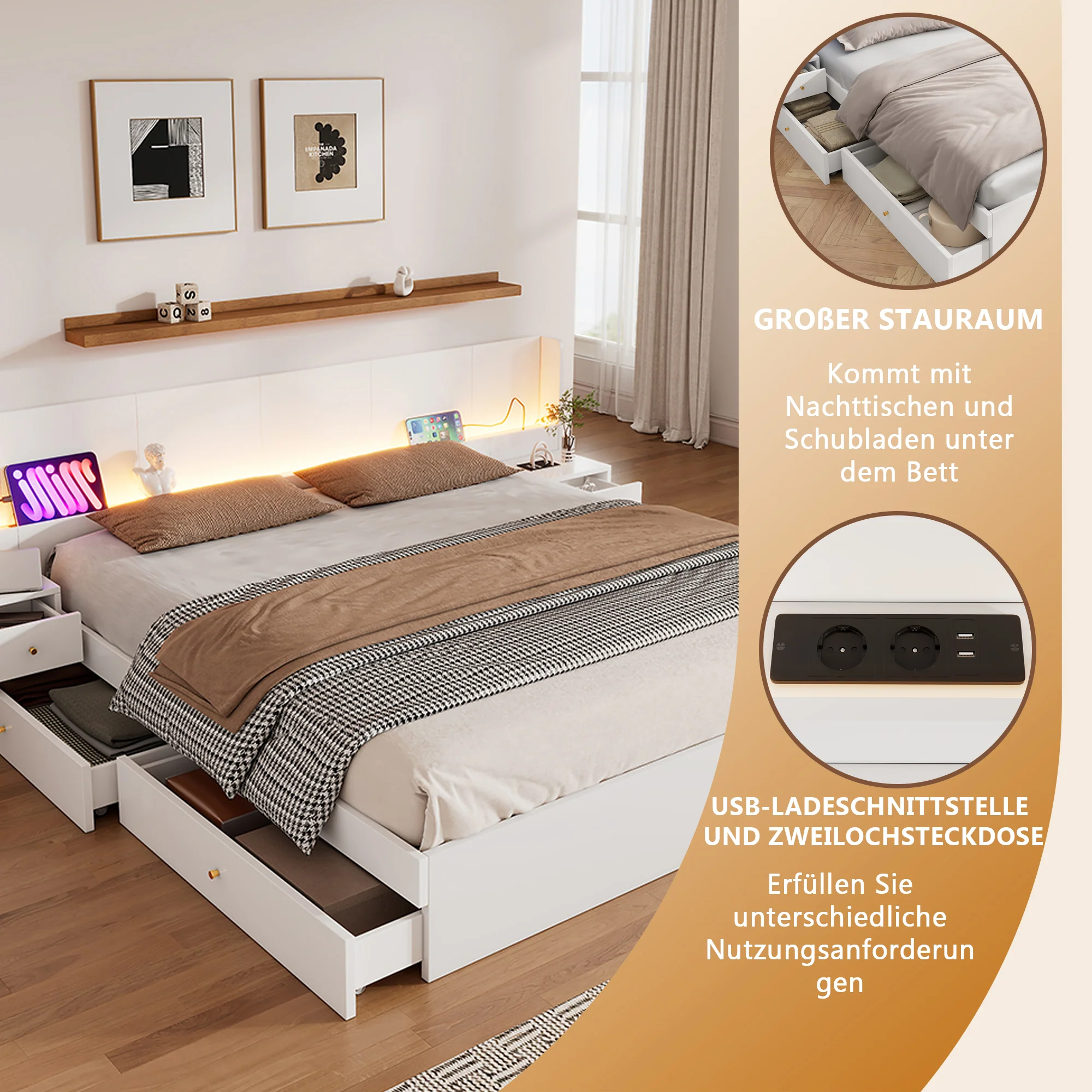 Double Bed 180x200cm LED USB App Control 2 Nightstands Storage - White Wood - Image 9