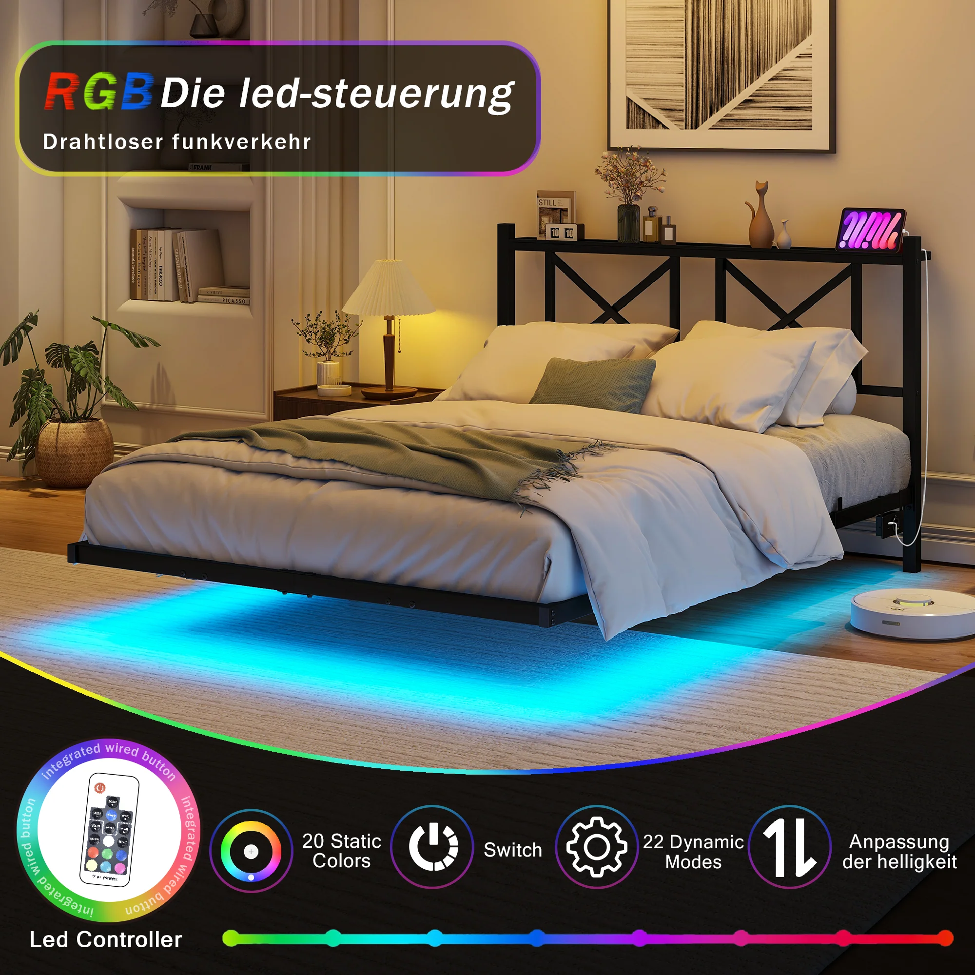 Double Bed Frame 120x200cm LED Charging Station Floating Design - Metal - Image 2