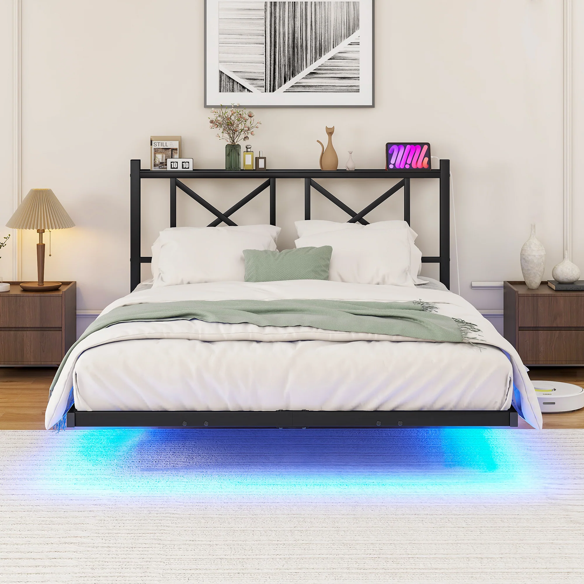 Double Bed Frame 120x200cm LED Charging Station Floating Design - Metal - Image 3