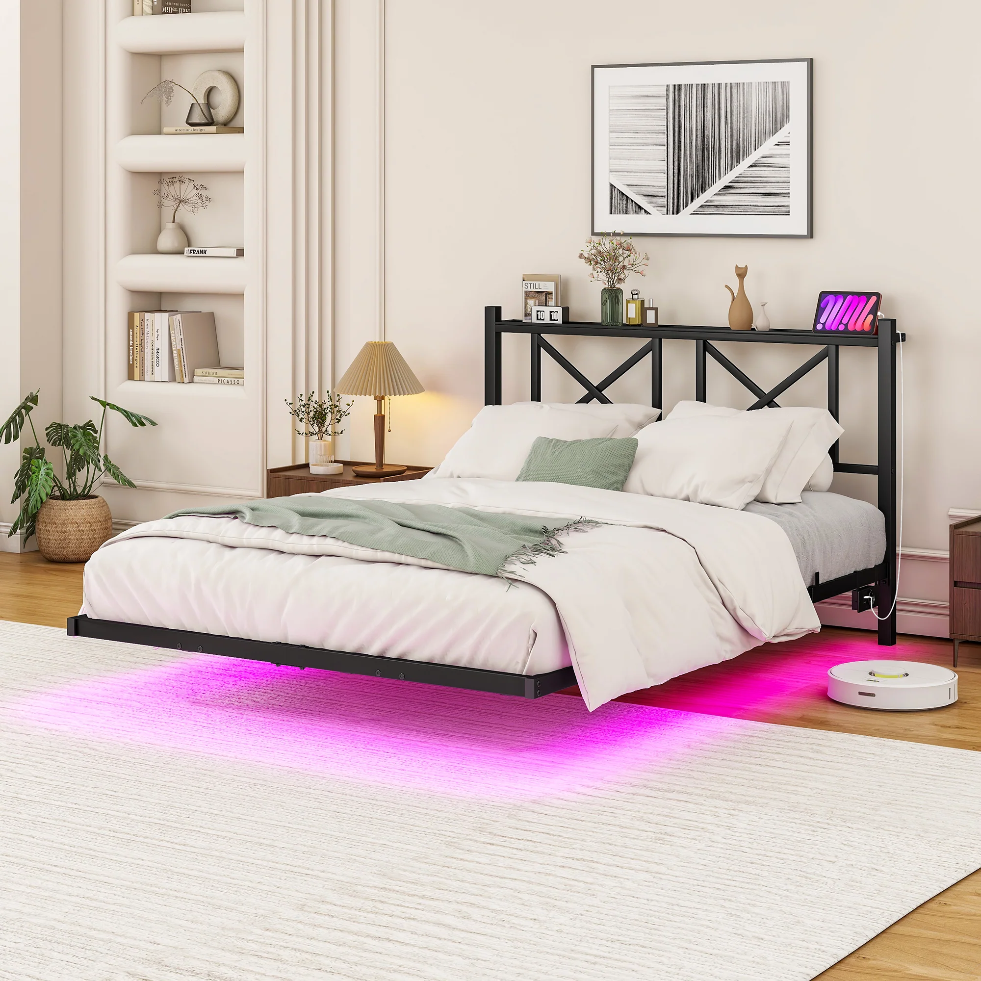 Double Bed Frame 120x200cm LED Charging Station Floating Design - Metal - Image 4