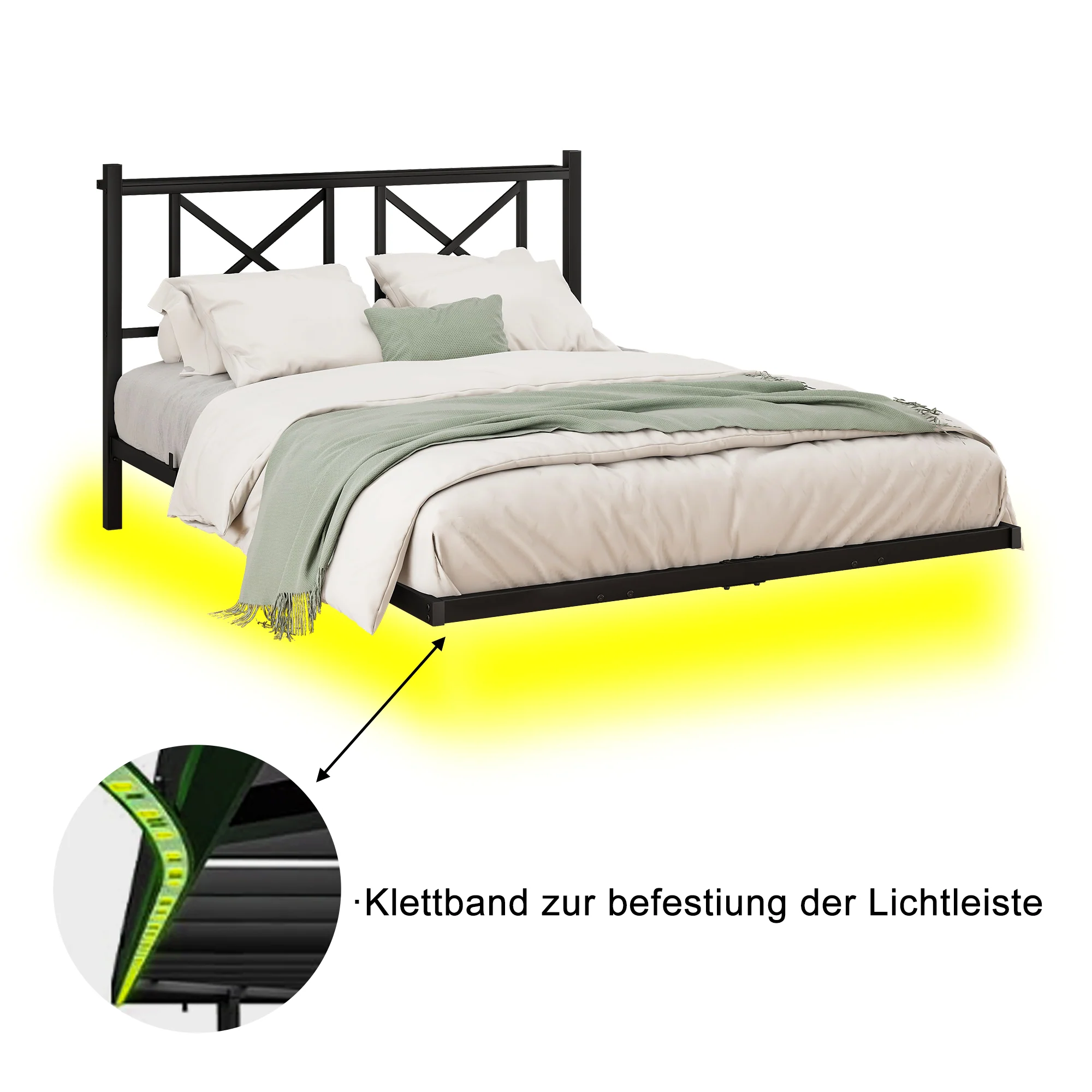 Double Bed Frame 120x200cm LED Charging Station Floating Design - Metal - Image 5
