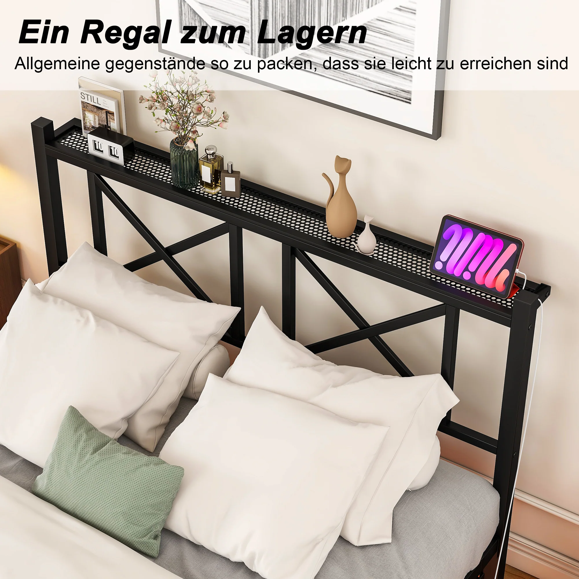 Double Bed Frame 120x200cm LED Charging Station Floating Design - Metal - Image 6