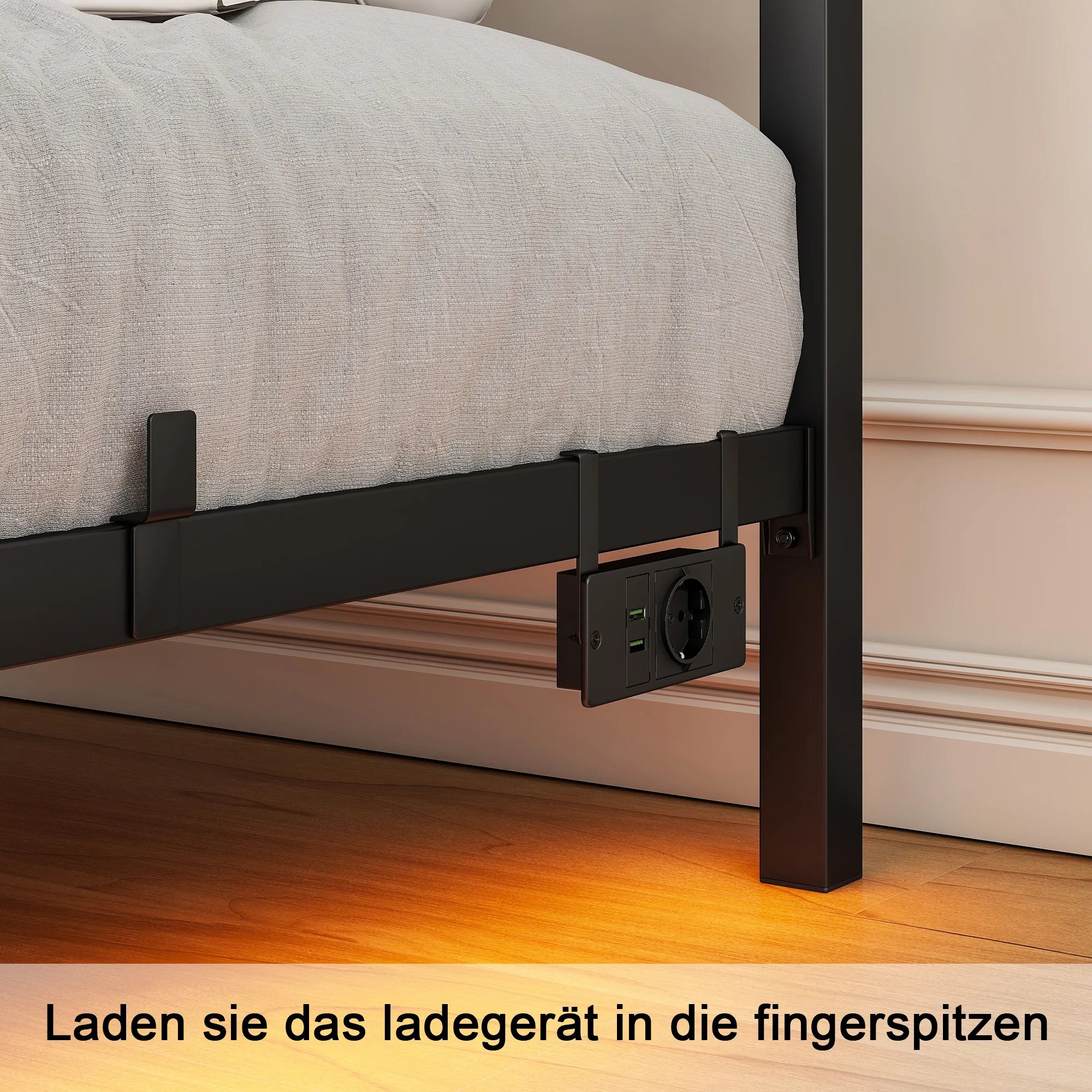 Double Bed Frame 120x200cm LED Charging Station Floating Design - Metal - Image 7