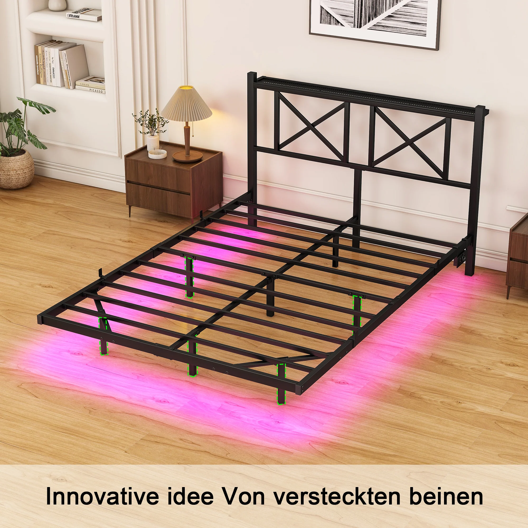Double Bed Frame 120x200cm LED Charging Station Floating Design - Metal - Image 8