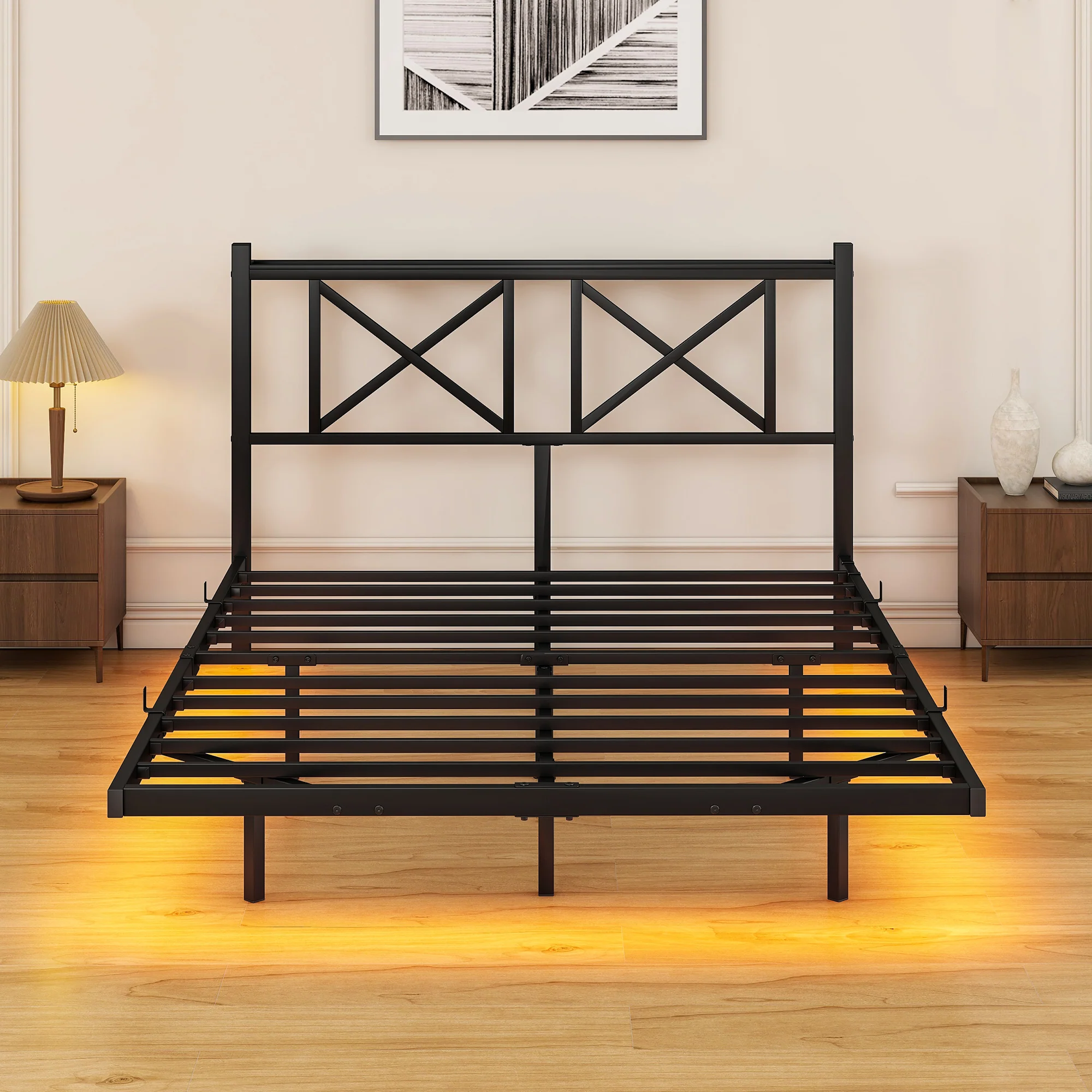 Double Bed Frame 120x200cm LED Charging Station Floating Design - Metal - Image 9